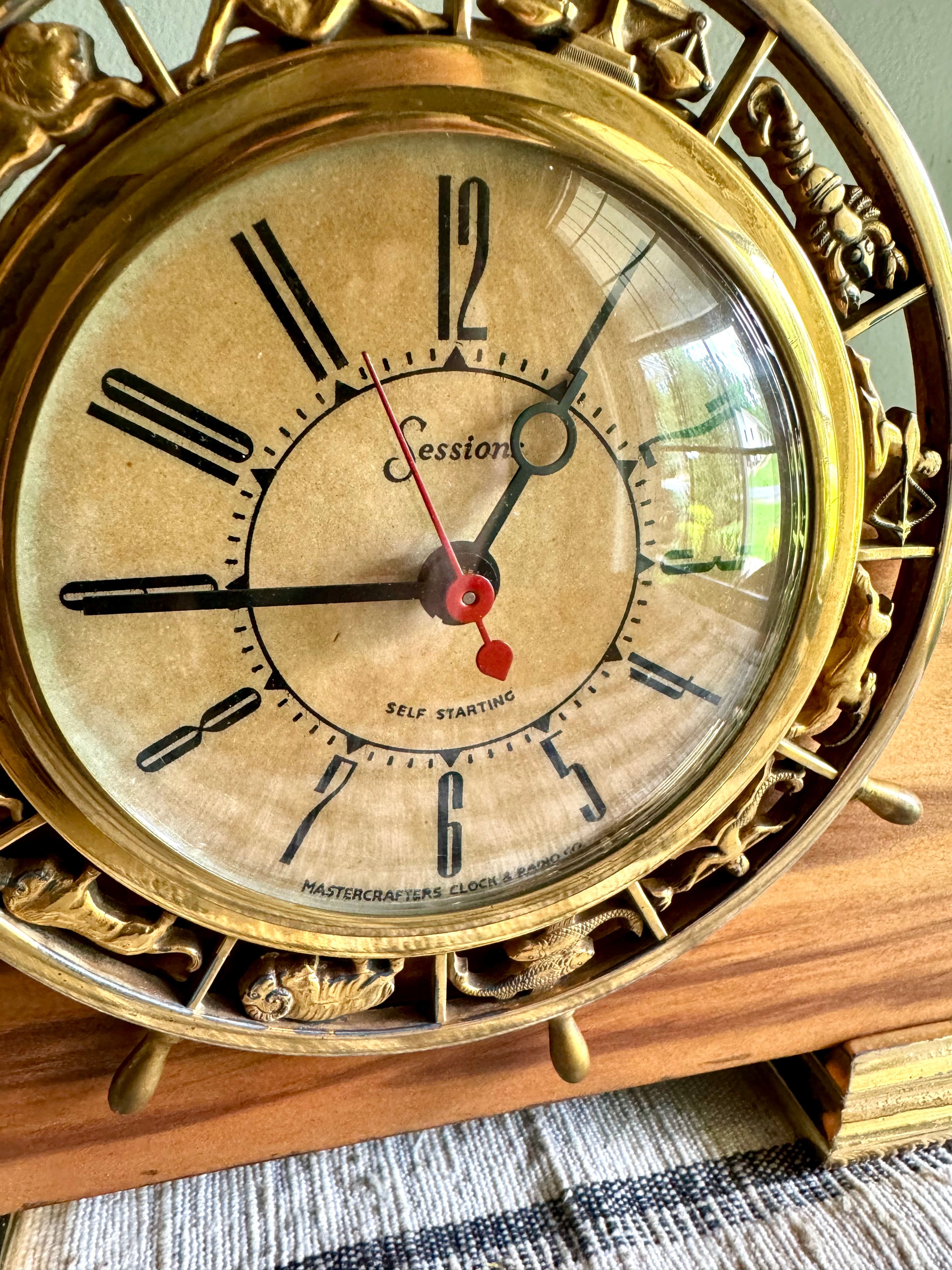 Vintage Nautical Zodiac Electric Clock | Master Crafters "Rudder" Electric Clock | Ship's Wheel Clock | Sessions MCM Nautical Zodiac Clock