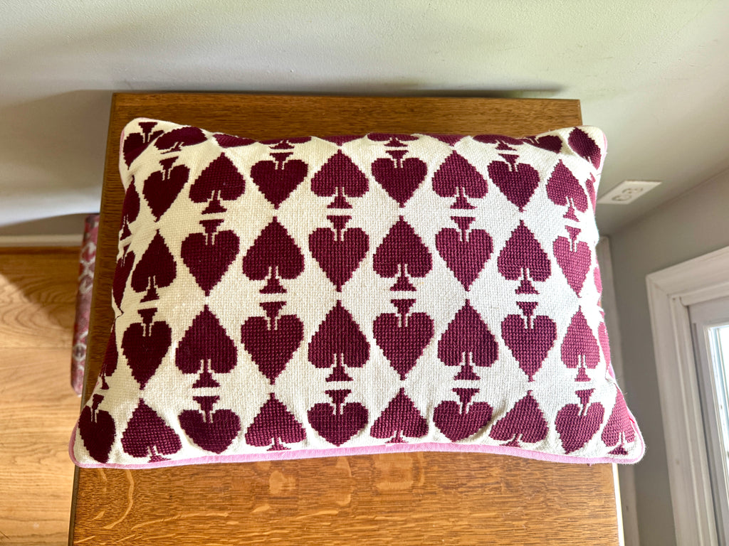 Anthropology Ace Cotton Embroidered Needlepoint Pillow In Burgundy & Pink