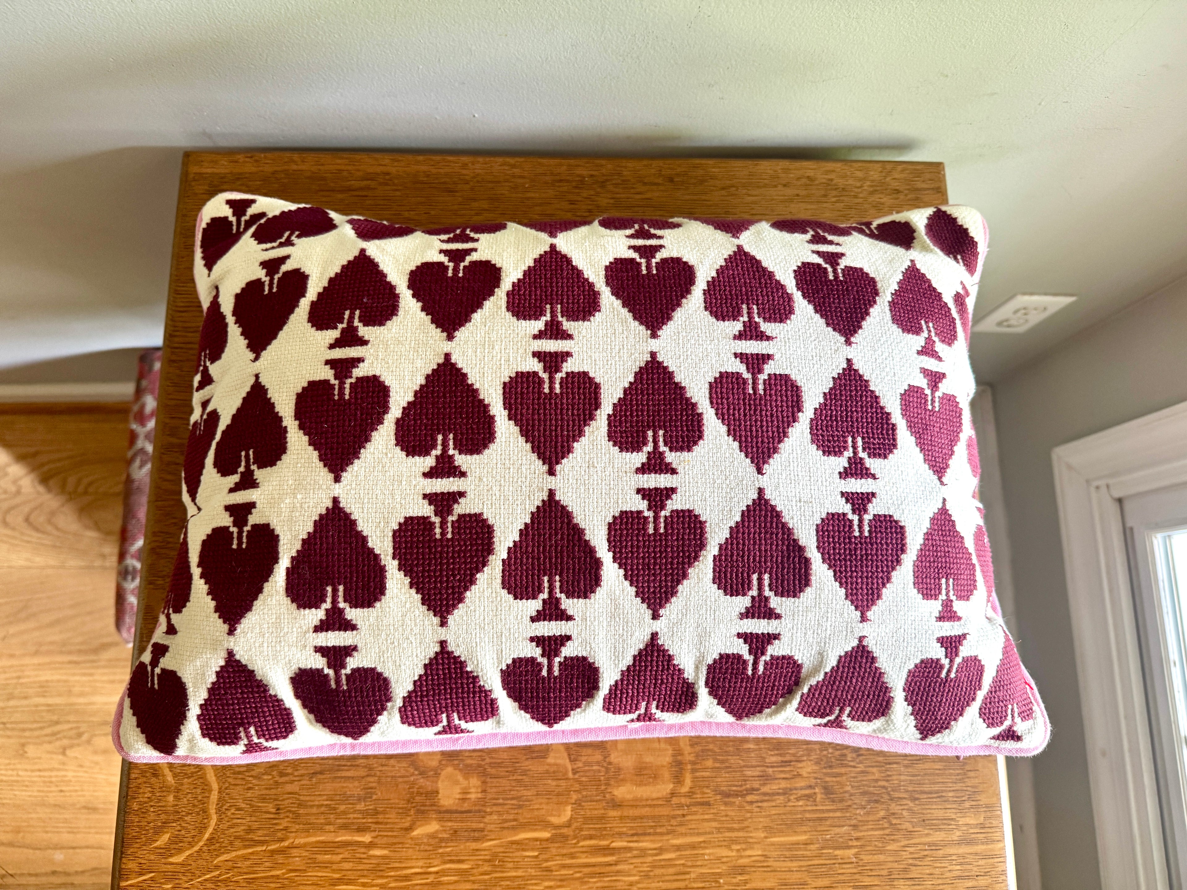 Anthropology Ace Cotton Embroidered Needlepoint Pillow In Burgundy & Pink