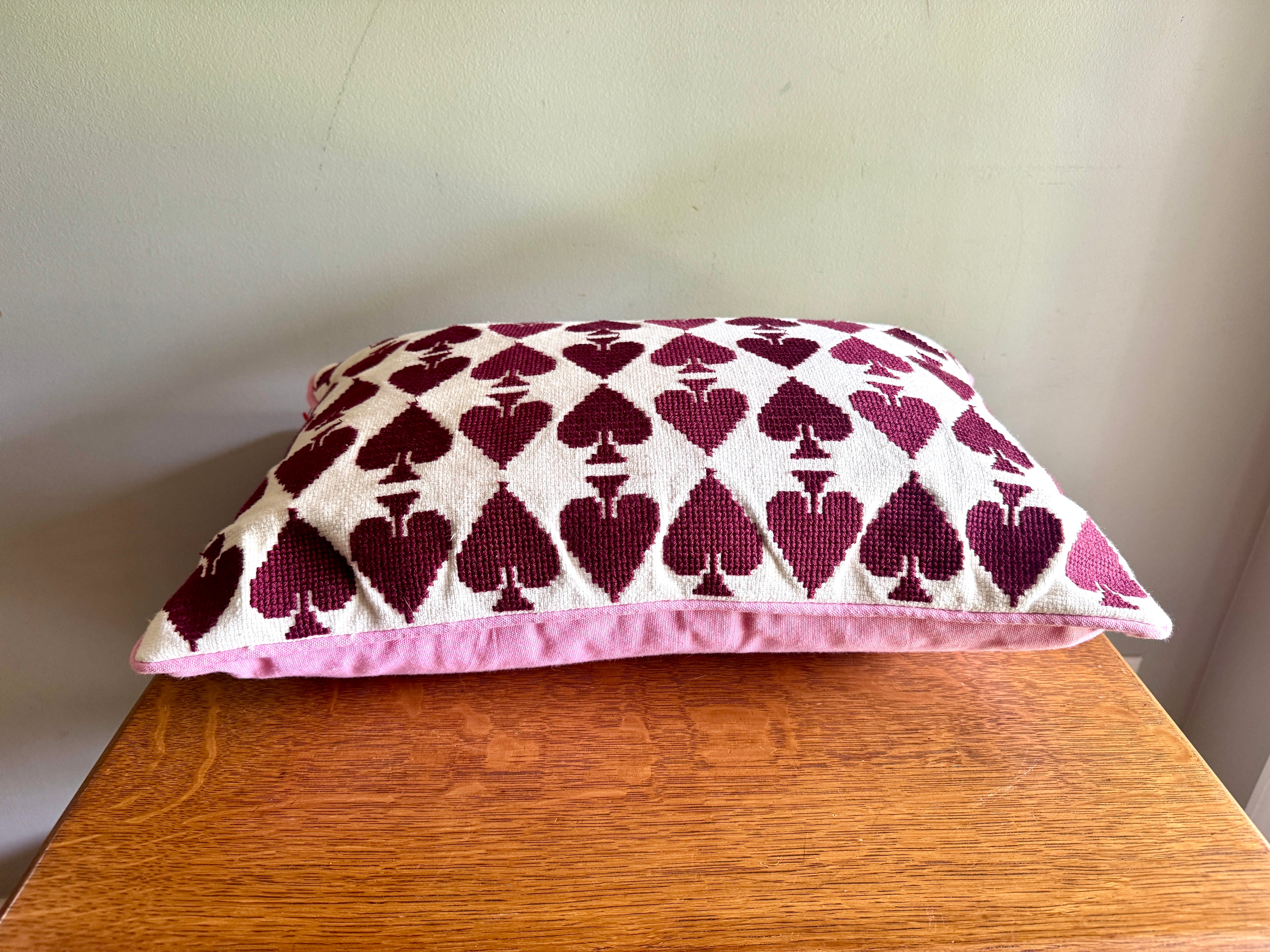 Anthropology Ace Cotton Embroidered Needlepoint Pillow In Burgundy & Pink