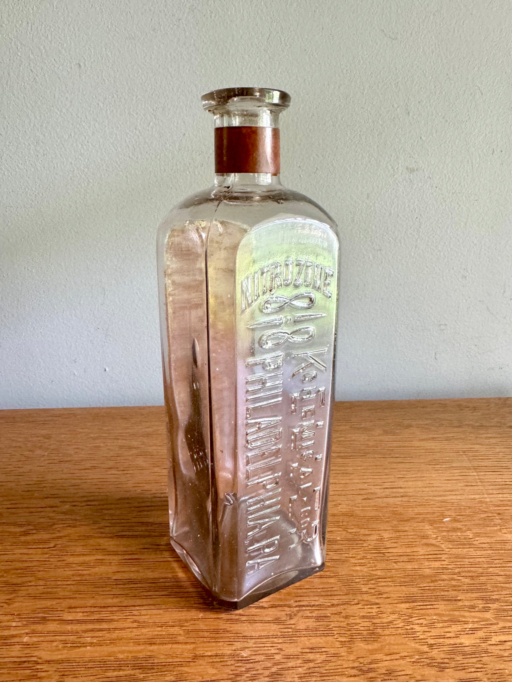 Antique Keller Chemical Co. Nitrozone Bottle | Square Embossed Nitrozone Bottle | Philadelphia Embossed Glass Bottle with Paper Label