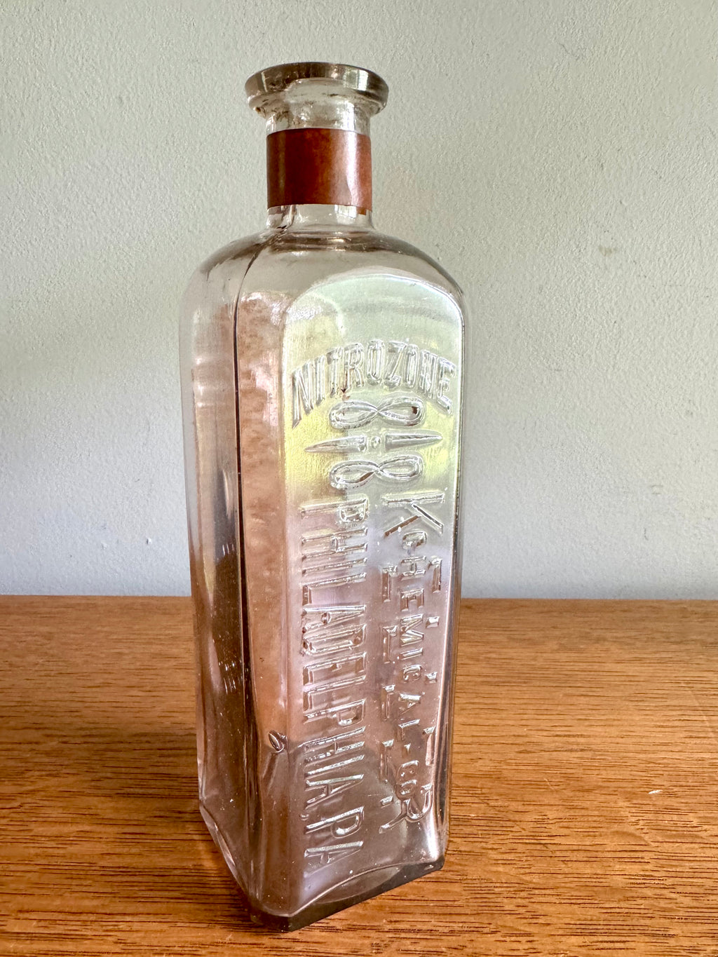 Antique Keller Chemical Co. Nitrozone Bottle | Square Embossed Nitrozone Bottle | Philadelphia Embossed Glass Bottle with Paper Label
