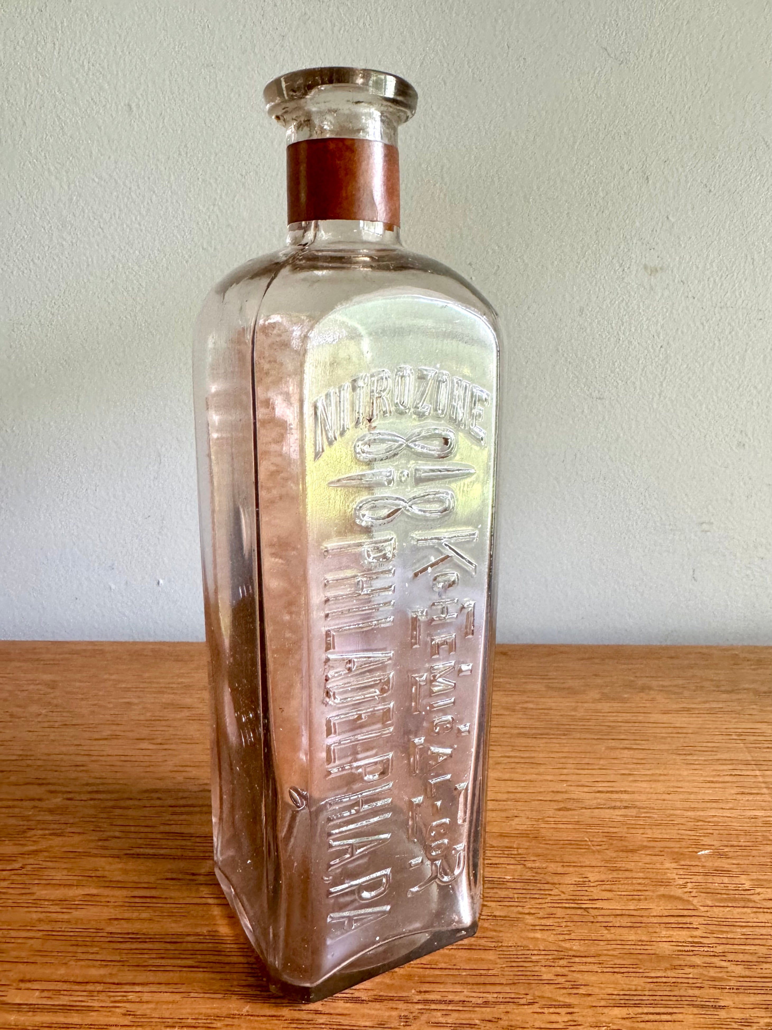 Antique Keller Chemical Co. Nitrozone Bottle | Square Embossed Nitrozone Bottle | Philadelphia Embossed Glass Bottle with Paper Label