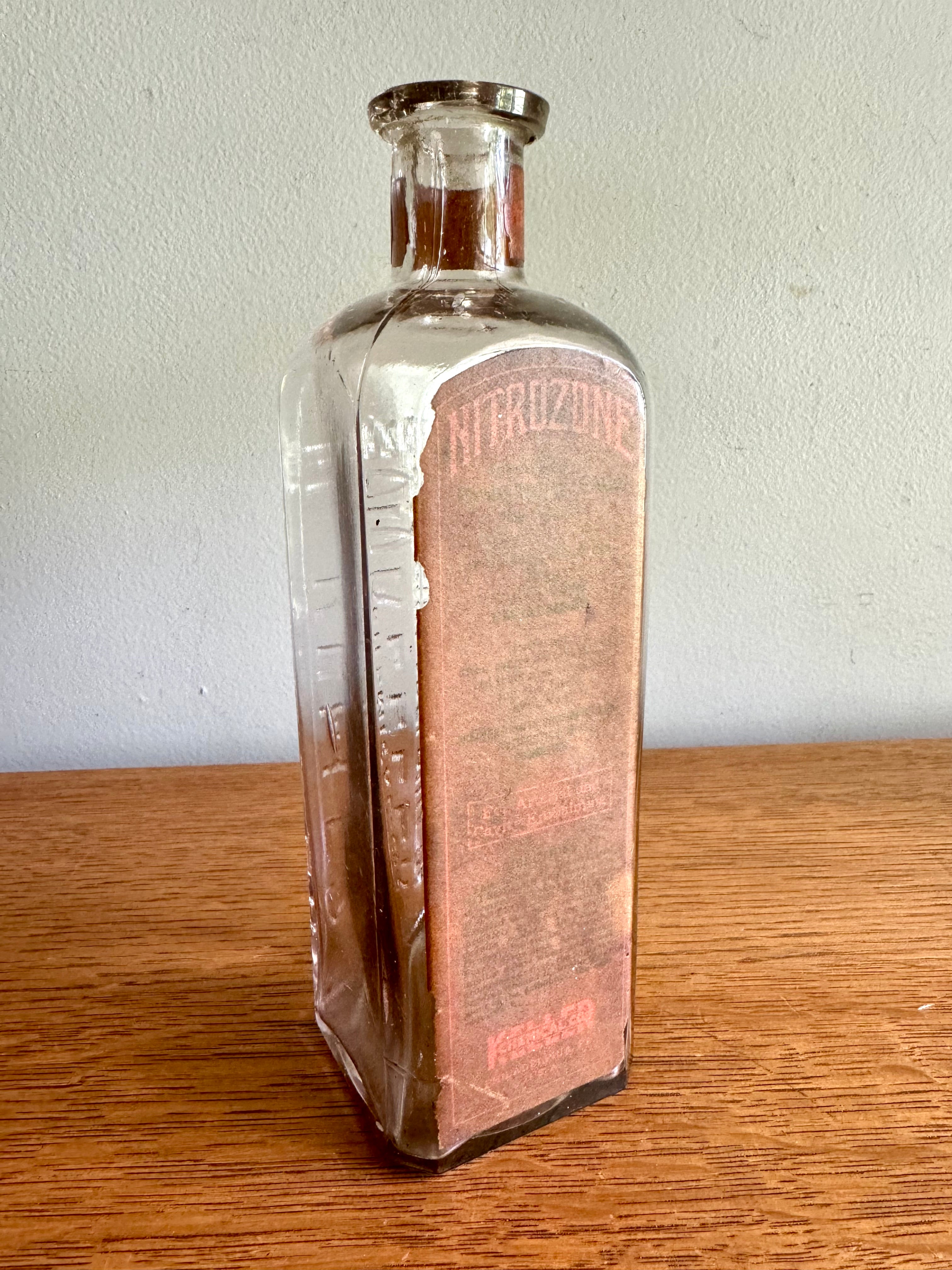 Antique Keller Chemical Co. Nitrozone Bottle | Square Embossed Nitrozone Bottle | Philadelphia Embossed Glass Bottle with Paper Label