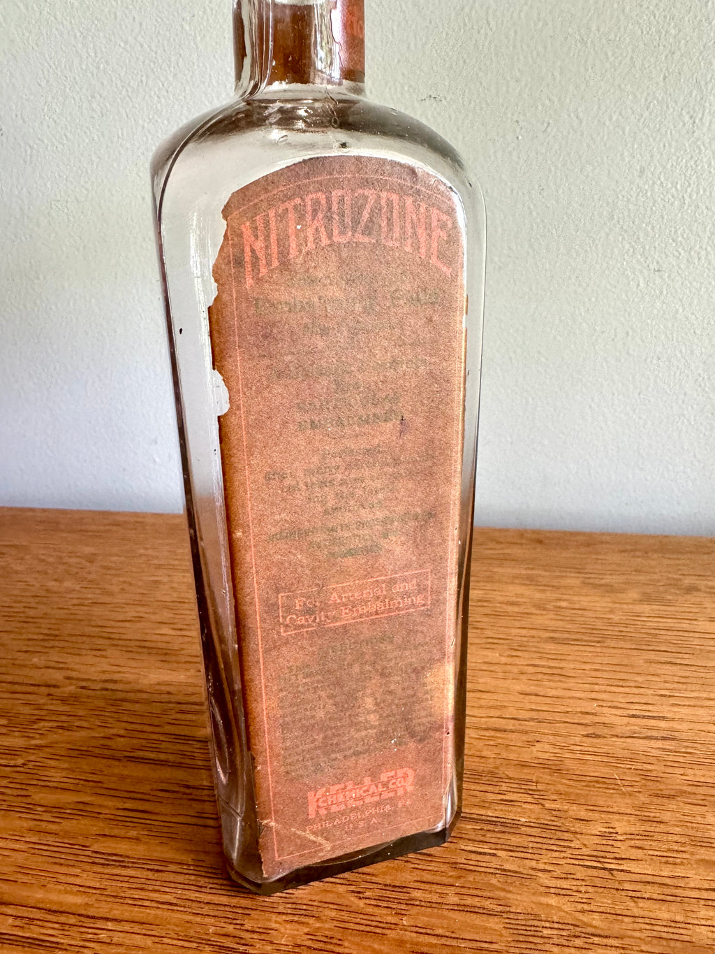 Antique Keller Chemical Co. Nitrozone Bottle | Square Embossed Nitrozone Bottle | Philadelphia Embossed Glass Bottle with Paper Label