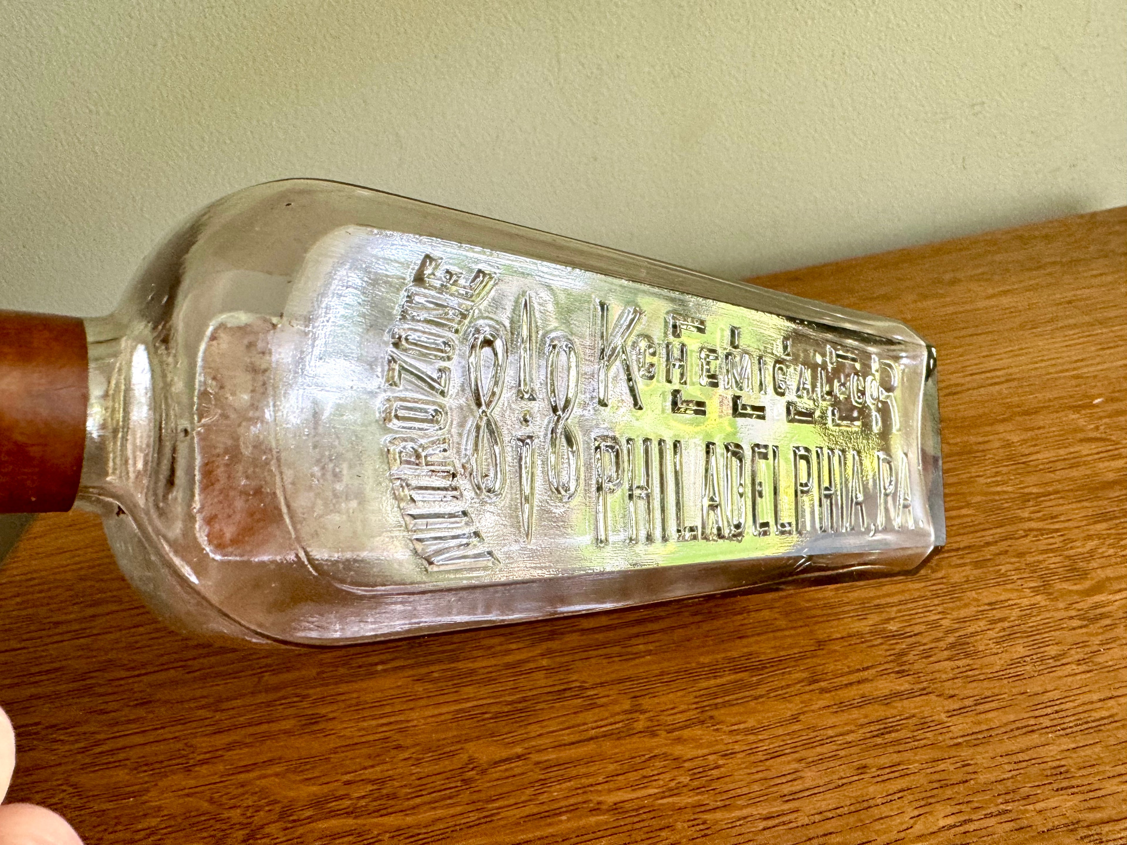 Antique Keller Chemical Co. Nitrozone Bottle | Square Embossed Nitrozone Bottle | Philadelphia Embossed Glass Bottle with Paper Label