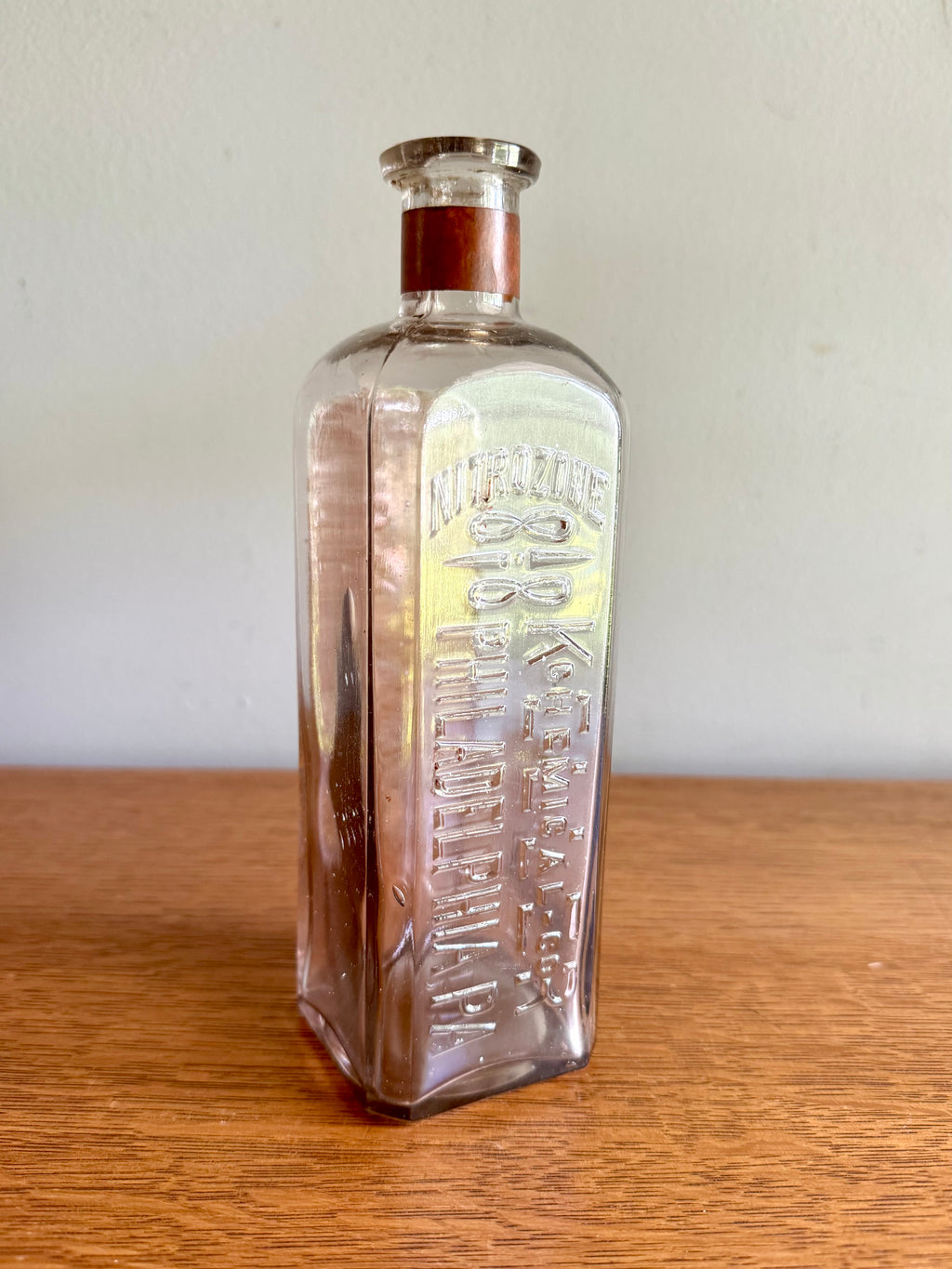 Antique Keller Chemical Co. Nitrozone Bottle | Square Embossed Nitrozone Bottle | Philadelphia Embossed Glass Bottle with Paper Label