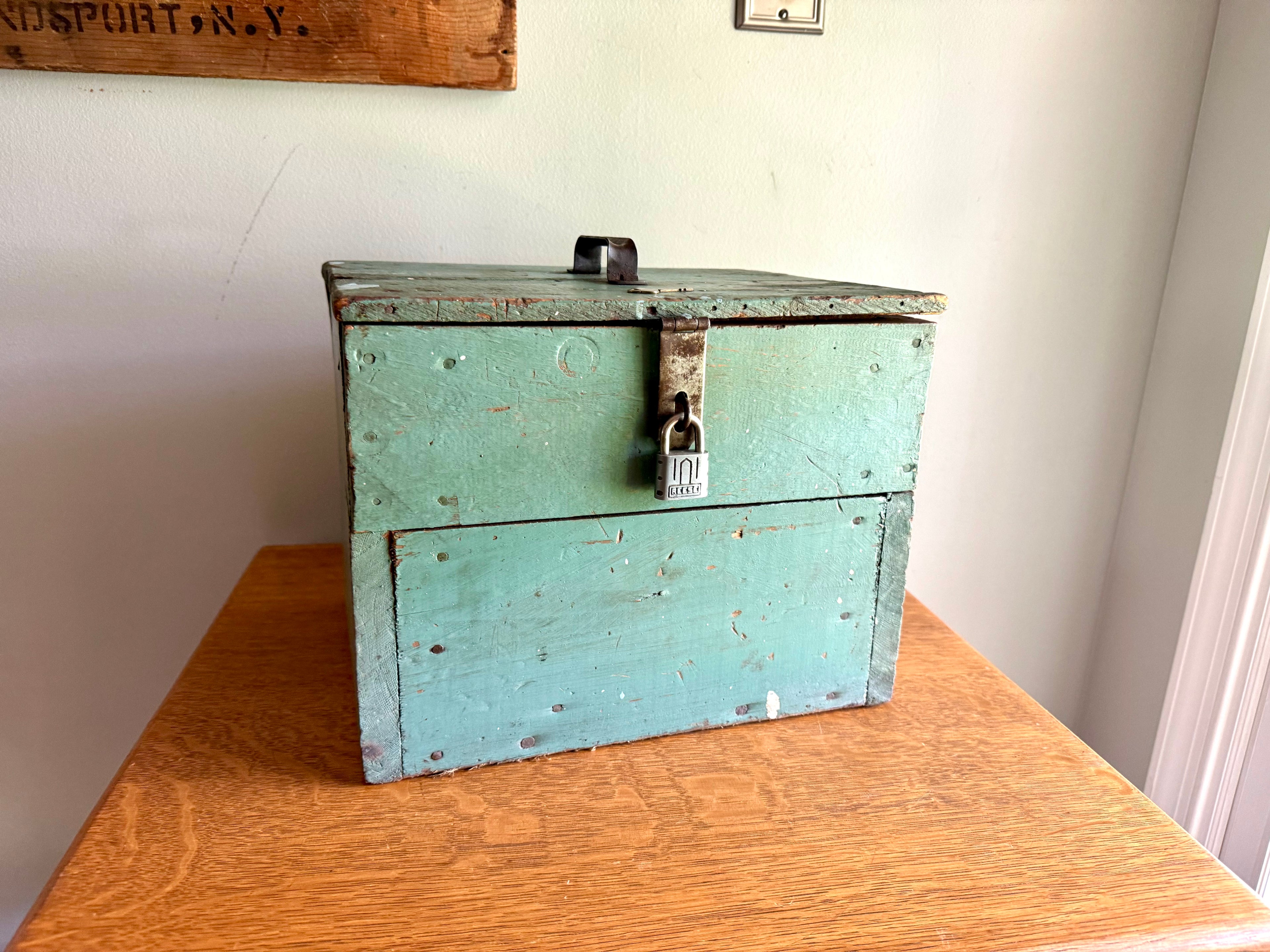 Vintage Wood Turquoise Tool Chest | Small Distressed Wood Tool Trunk | Rustic Turquoise Wood Tool Box With Lock | Rustic Handled Box