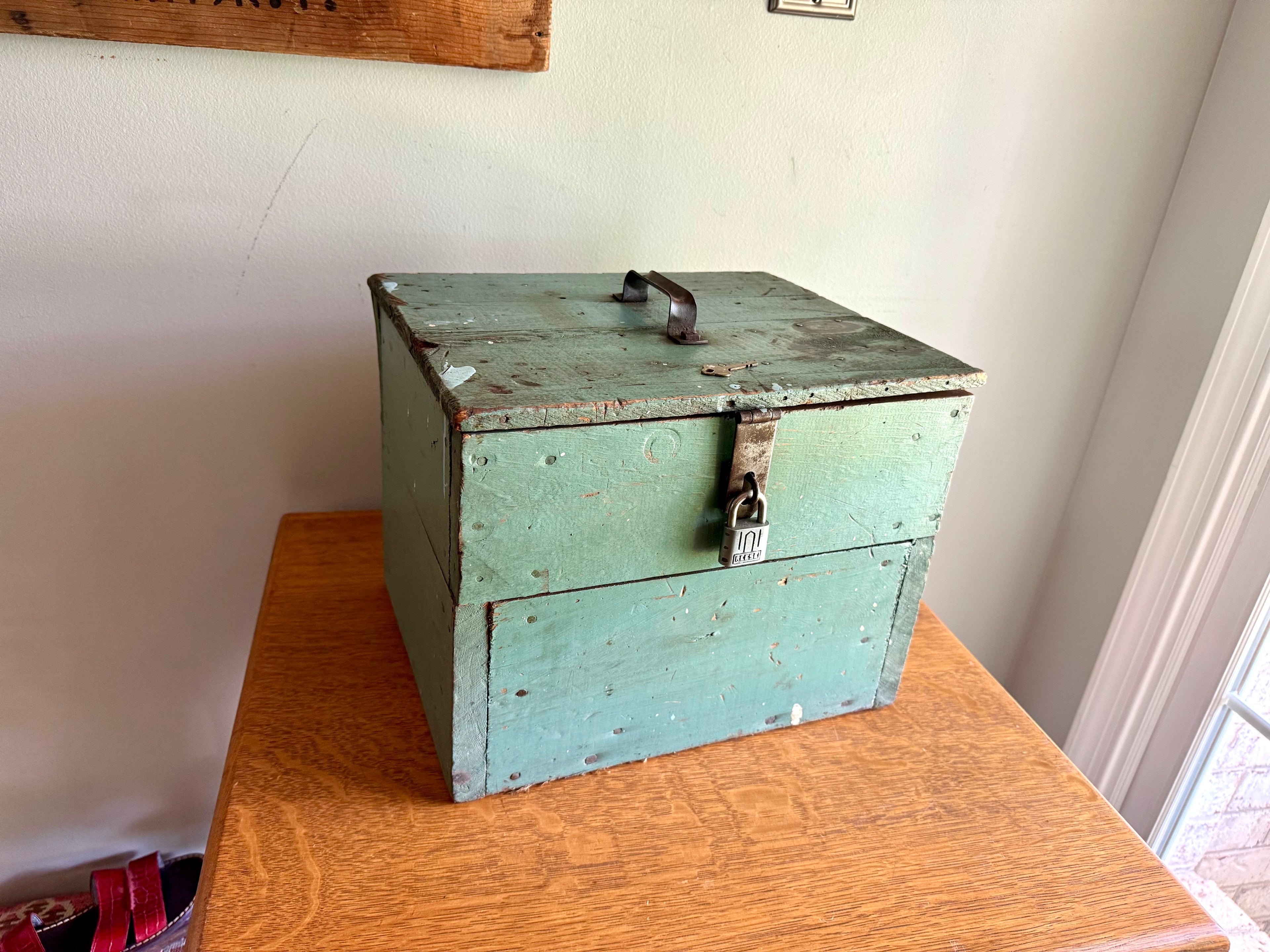 Vintage Wood Turquoise Tool Chest | Small Distressed Wood Tool Trunk | Rustic Turquoise Wood Tool Box With Lock | Rustic Handled Box