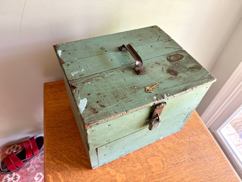 Vintage Wood Turquoise Tool Chest | Small Distressed Wood Tool Trunk | Rustic Turquoise Wood Tool Box With Lock | Rustic Handled Box
