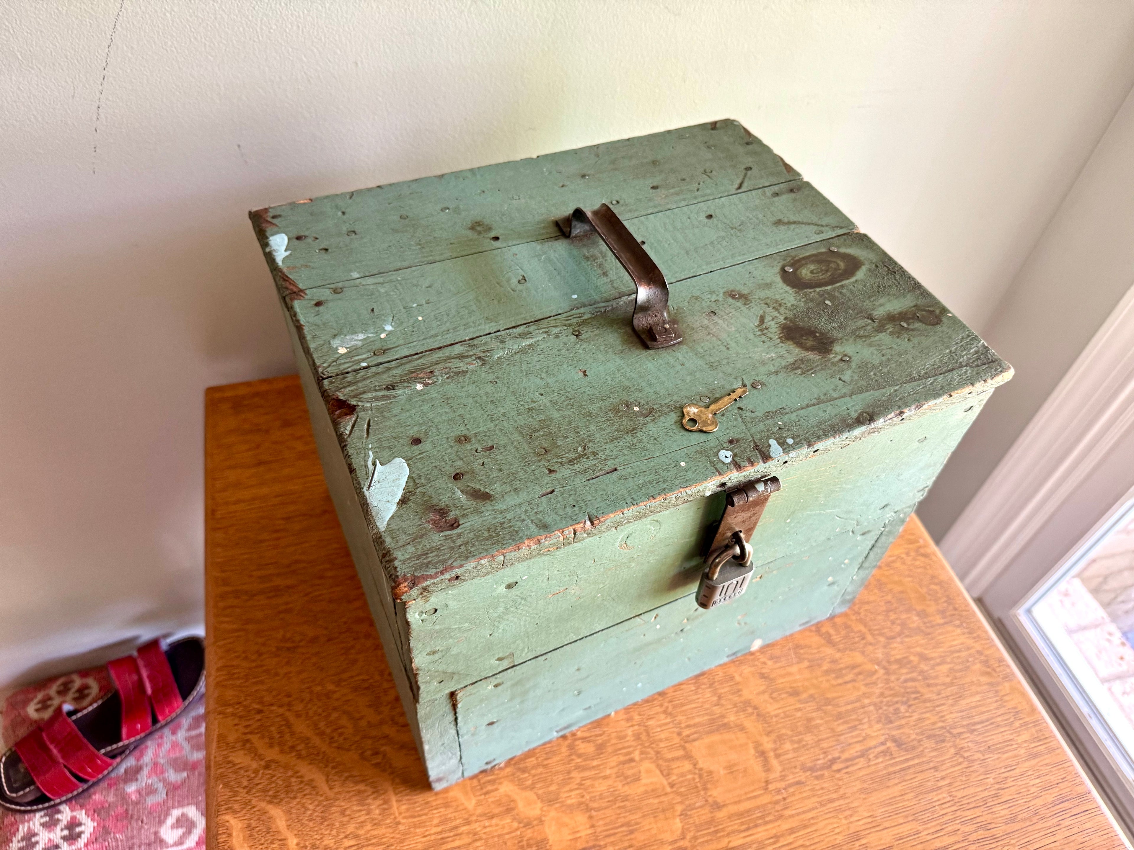 Vintage Wood Turquoise Tool Chest | Small Distressed Wood Tool Trunk | Rustic Turquoise Wood Tool Box With Lock | Rustic Handled Box