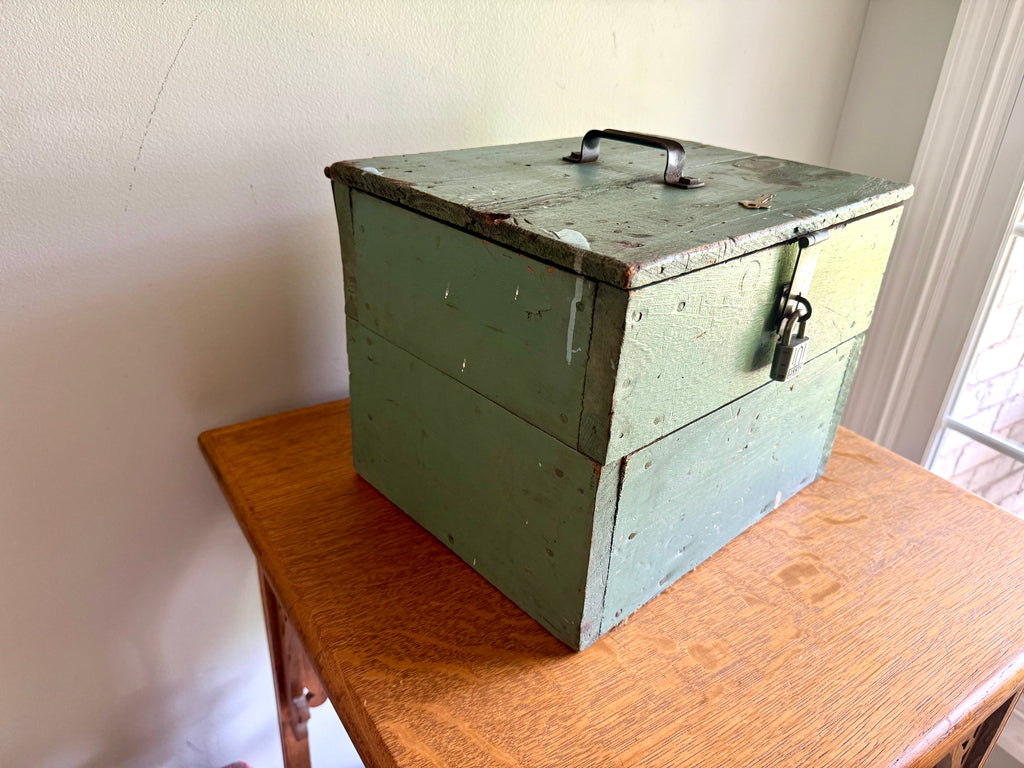 Vintage Wood Turquoise Tool Chest | Small Distressed Wood Tool Trunk | Rustic Turquoise Wood Tool Box With Lock | Rustic Handled Box