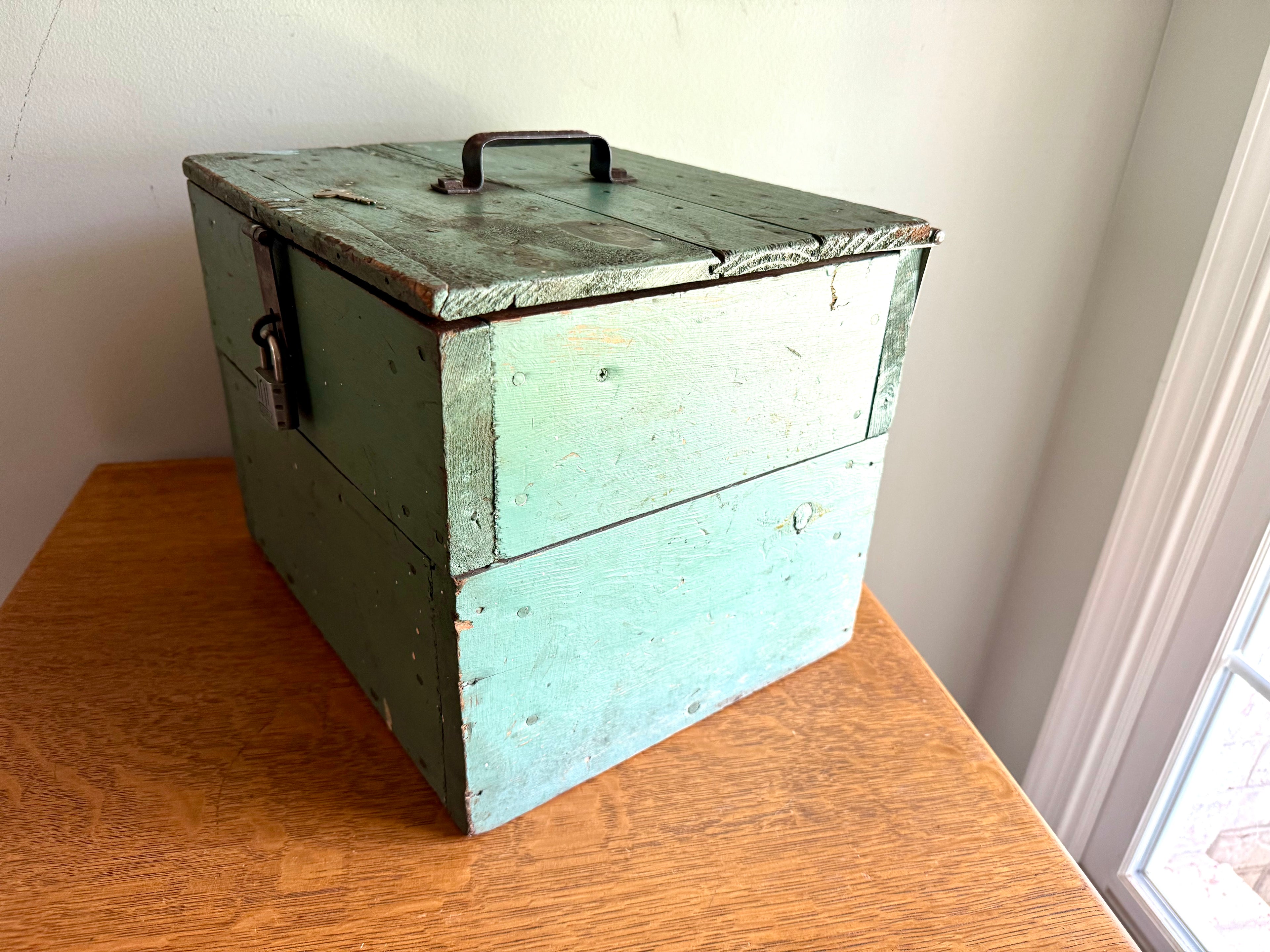 Vintage Wood Turquoise Tool Chest | Small Distressed Wood Tool Trunk | Rustic Turquoise Wood Tool Box With Lock | Rustic Handled Box
