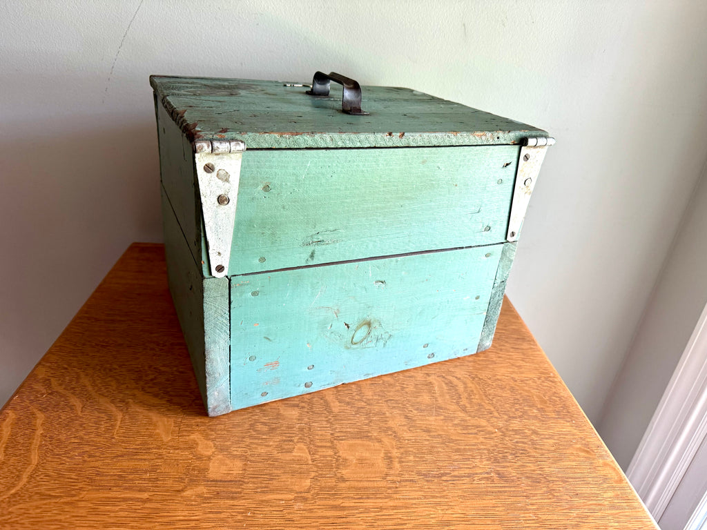 Vintage Wood Turquoise Tool Chest | Small Distressed Wood Tool Trunk | Rustic Turquoise Wood Tool Box With Lock | Rustic Handled Box