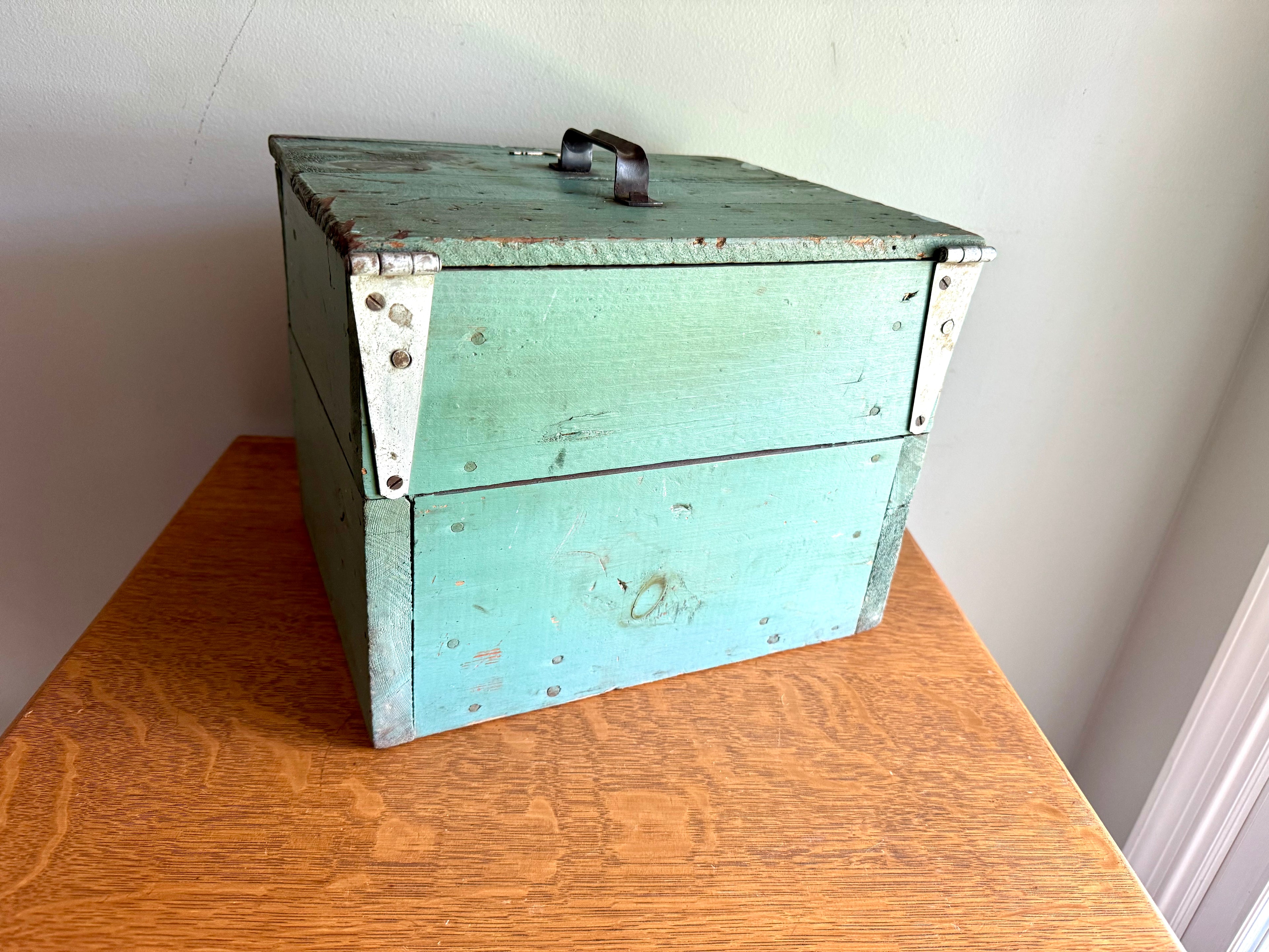 Vintage Wood Turquoise Tool Chest | Small Distressed Wood Tool Trunk | Rustic Turquoise Wood Tool Box With Lock | Rustic Handled Box