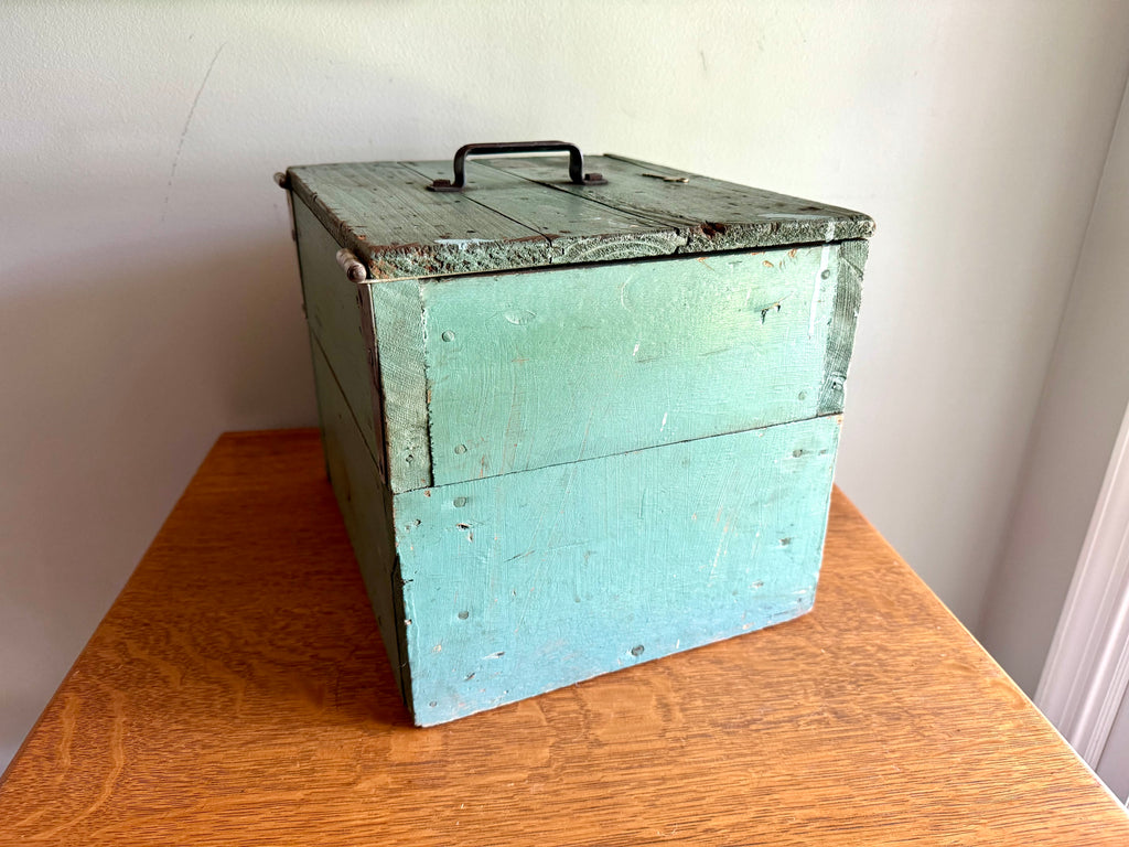 Vintage Wood Turquoise Tool Chest | Small Distressed Wood Tool Trunk | Rustic Turquoise Wood Tool Box With Lock | Rustic Handled Box