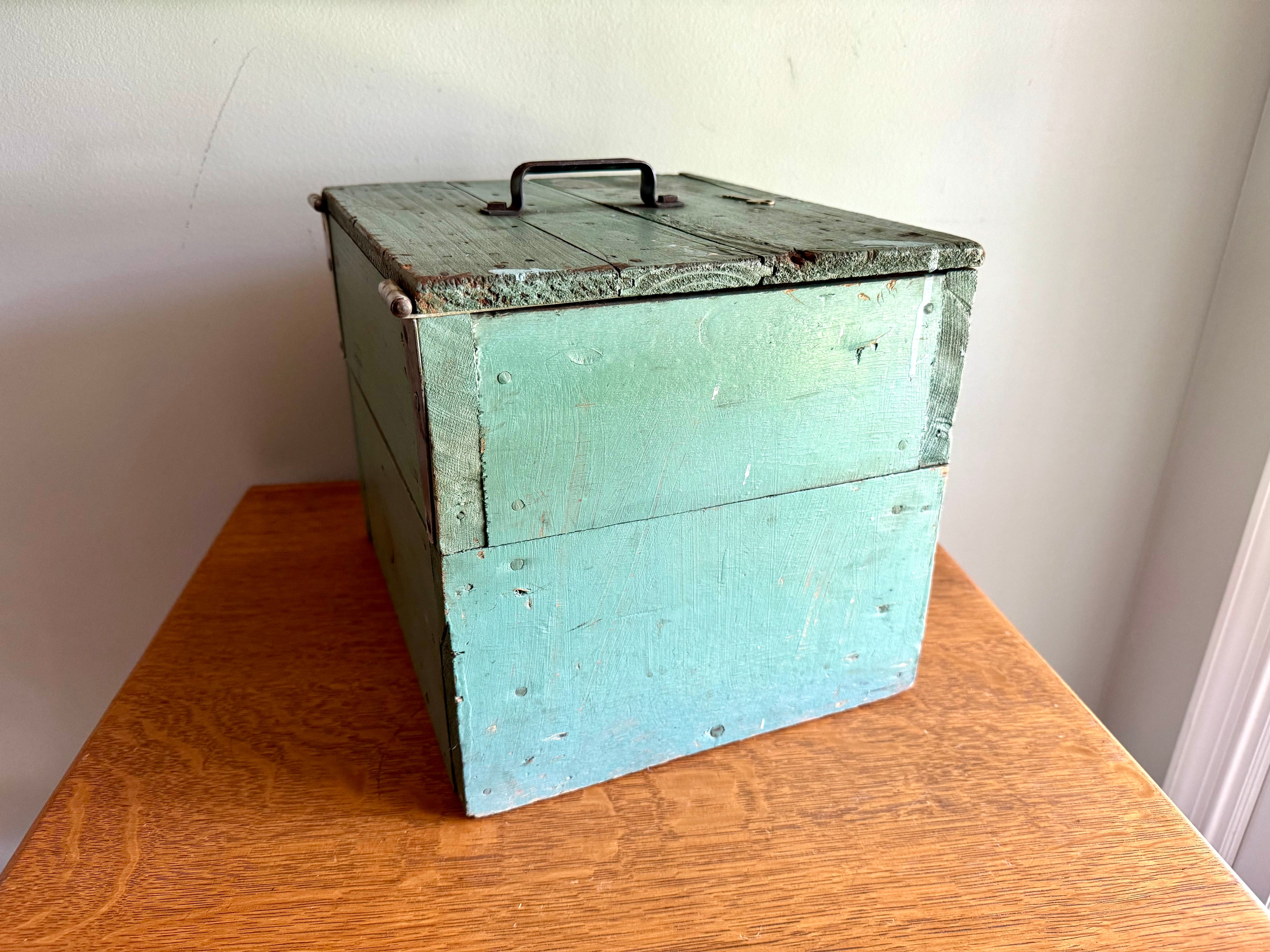 Vintage Wood Turquoise Tool Chest | Small Distressed Wood Tool Trunk | Rustic Turquoise Wood Tool Box With Lock | Rustic Handled Box