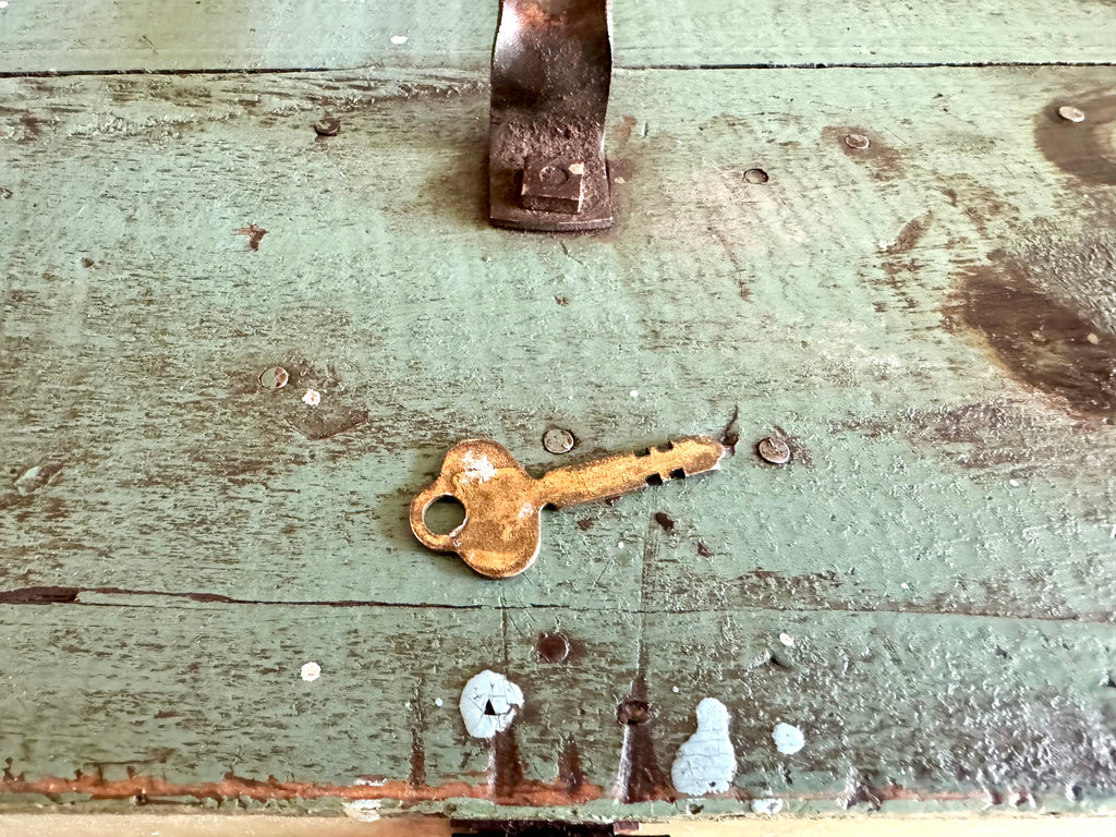 Vintage Wood Turquoise Tool Chest | Small Distressed Wood Tool Trunk | Rustic Turquoise Wood Tool Box With Lock | Rustic Handled Box