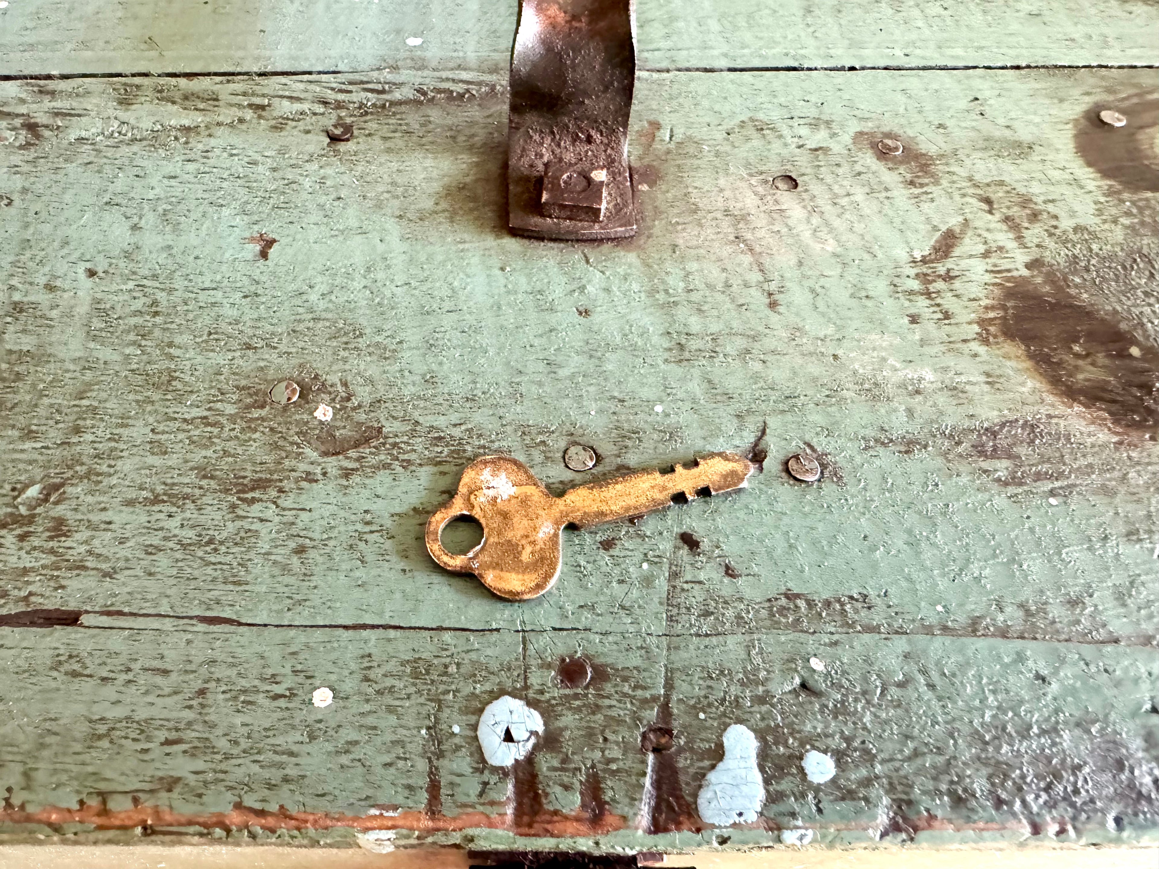 Vintage Wood Turquoise Tool Chest | Small Distressed Wood Tool Trunk | Rustic Turquoise Wood Tool Box With Lock | Rustic Handled Box