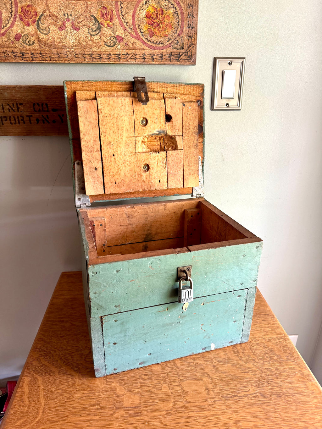 Vintage Wood Turquoise Tool Chest | Small Distressed Wood Tool Trunk | Rustic Turquoise Wood Tool Box With Lock | Rustic Handled Box