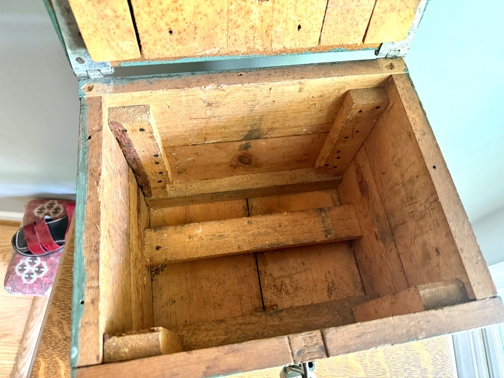 Vintage Wood Turquoise Tool Chest | Small Distressed Wood Tool Trunk | Rustic Turquoise Wood Tool Box With Lock | Rustic Handled Box