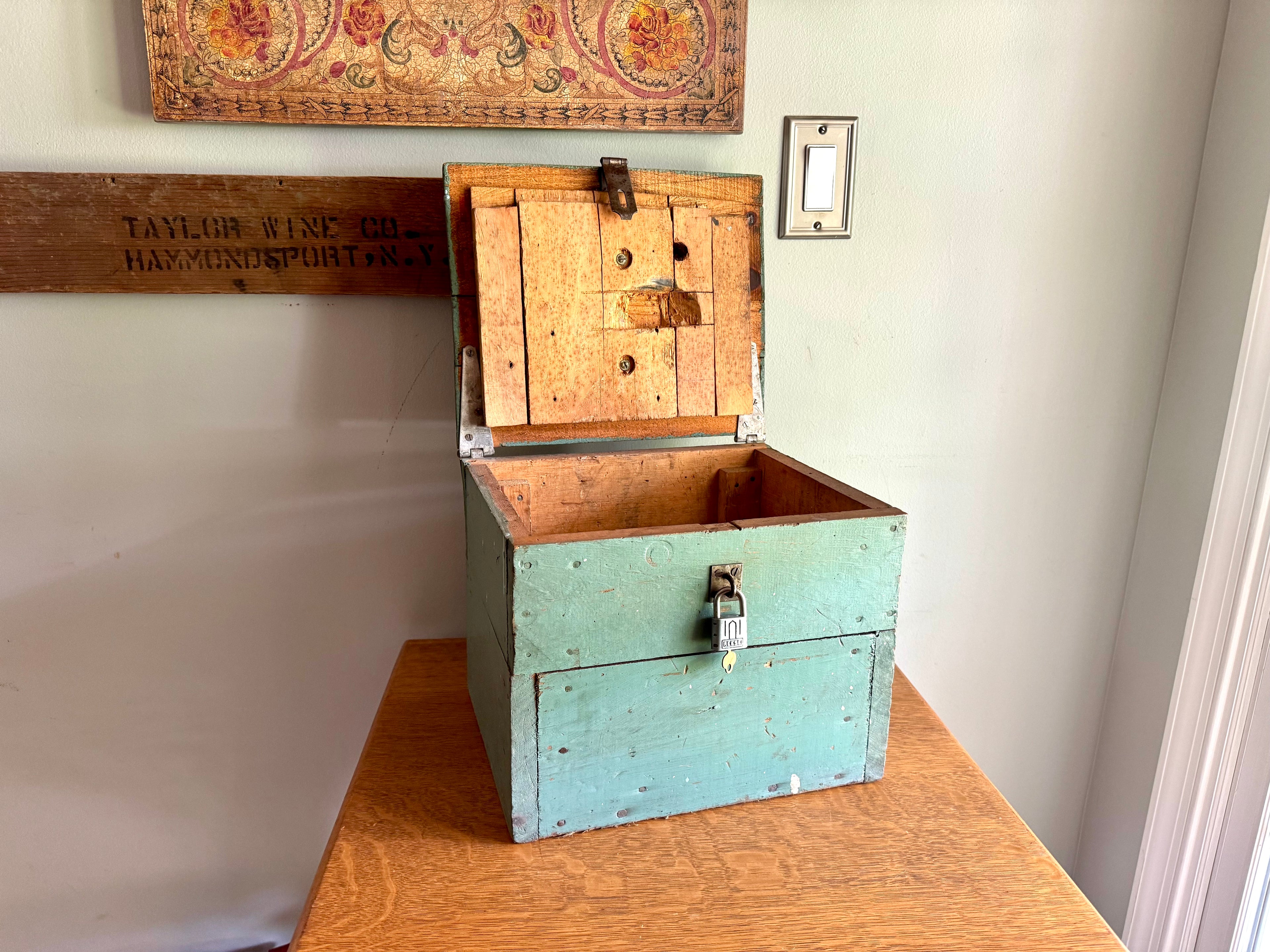 Vintage Wood Turquoise Tool Chest | Small Distressed Wood Tool Trunk | Rustic Turquoise Wood Tool Box With Lock | Rustic Handled Box