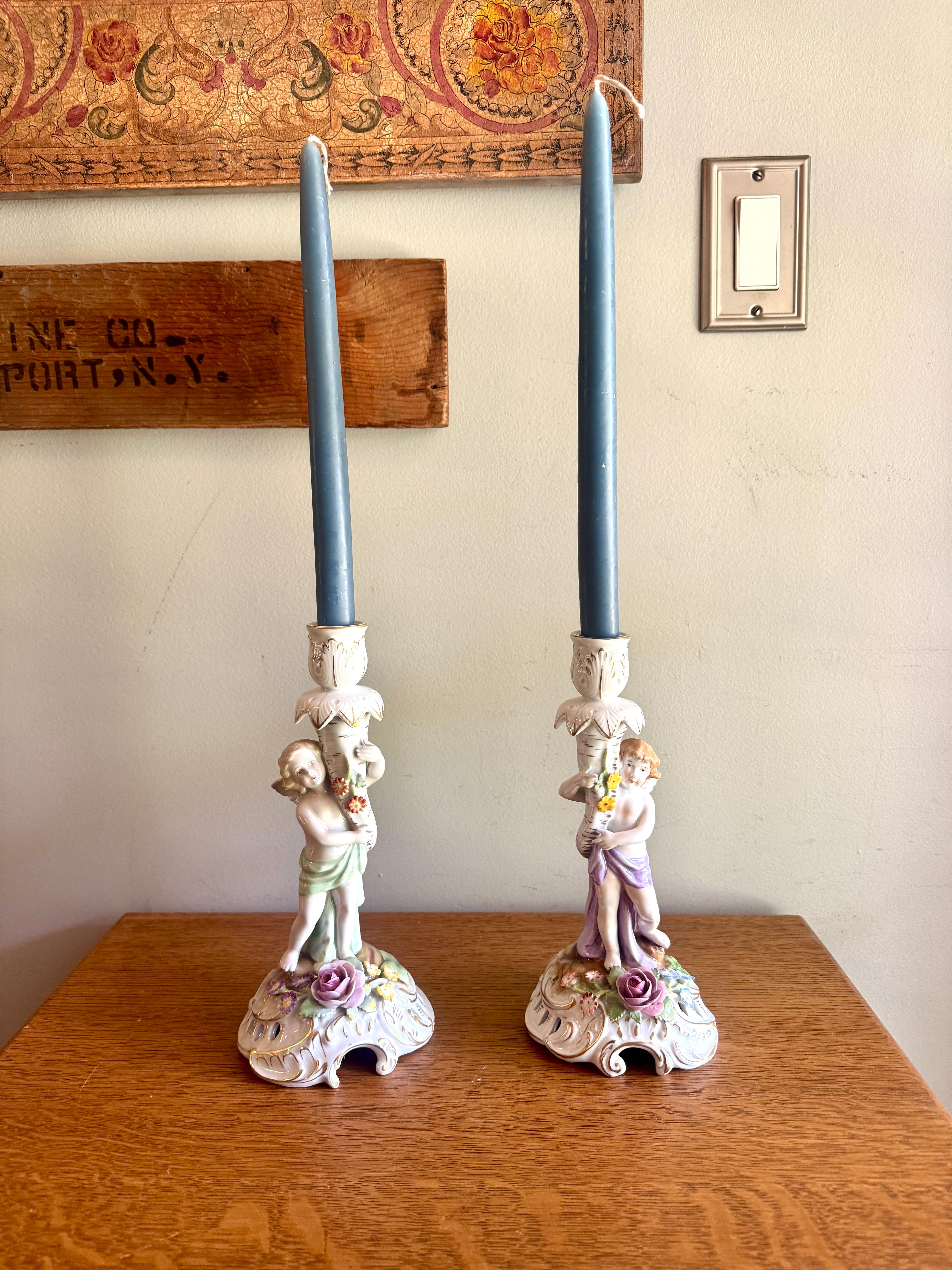 Vintage Porcelain Candle Holders by Van Schierholz ~ Made In Germany Cherub Candle Holders