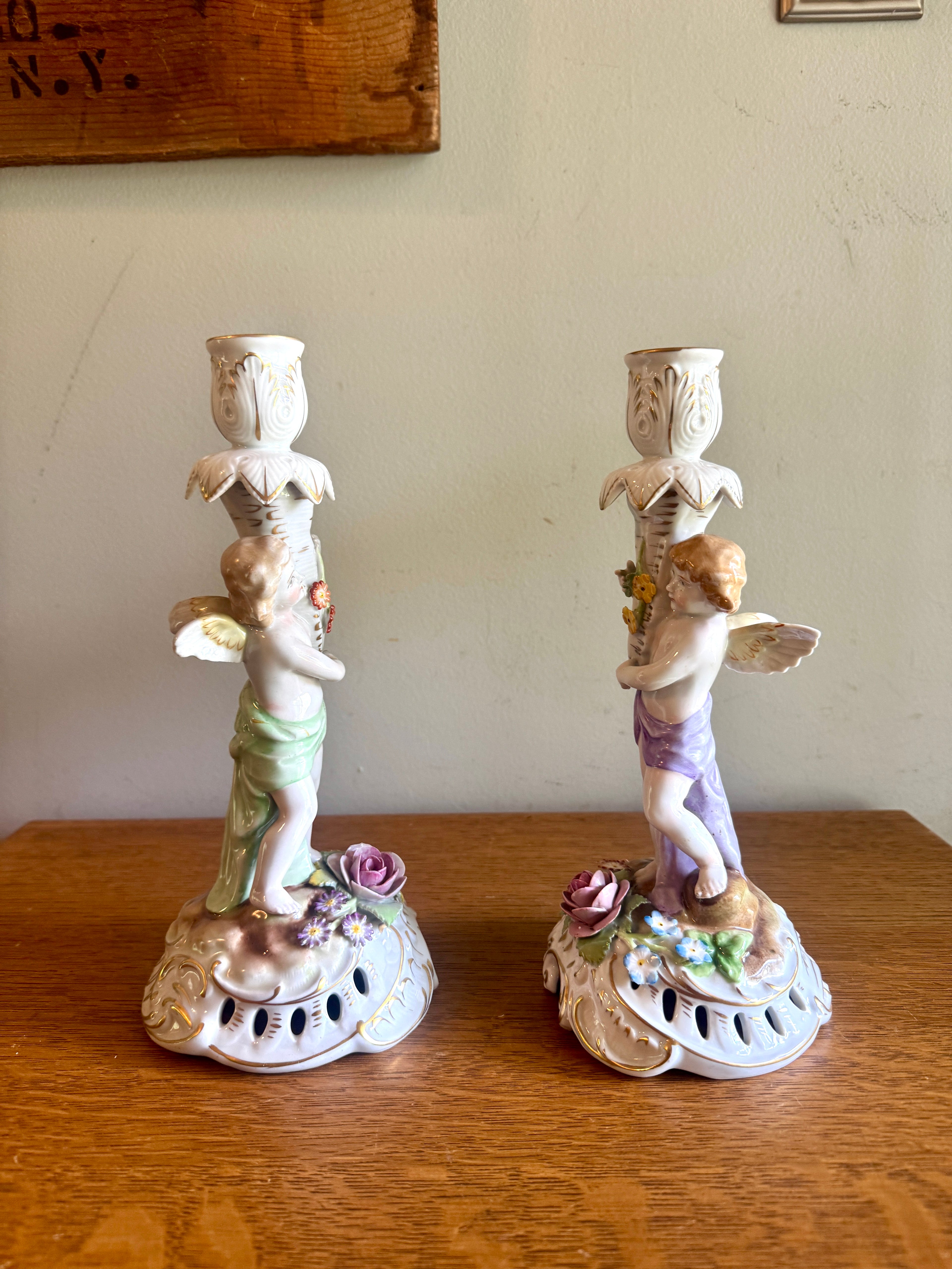 Vintage Porcelain Candle Holders by Van Schierholz ~ Made In Germany Cherub Candle Holders