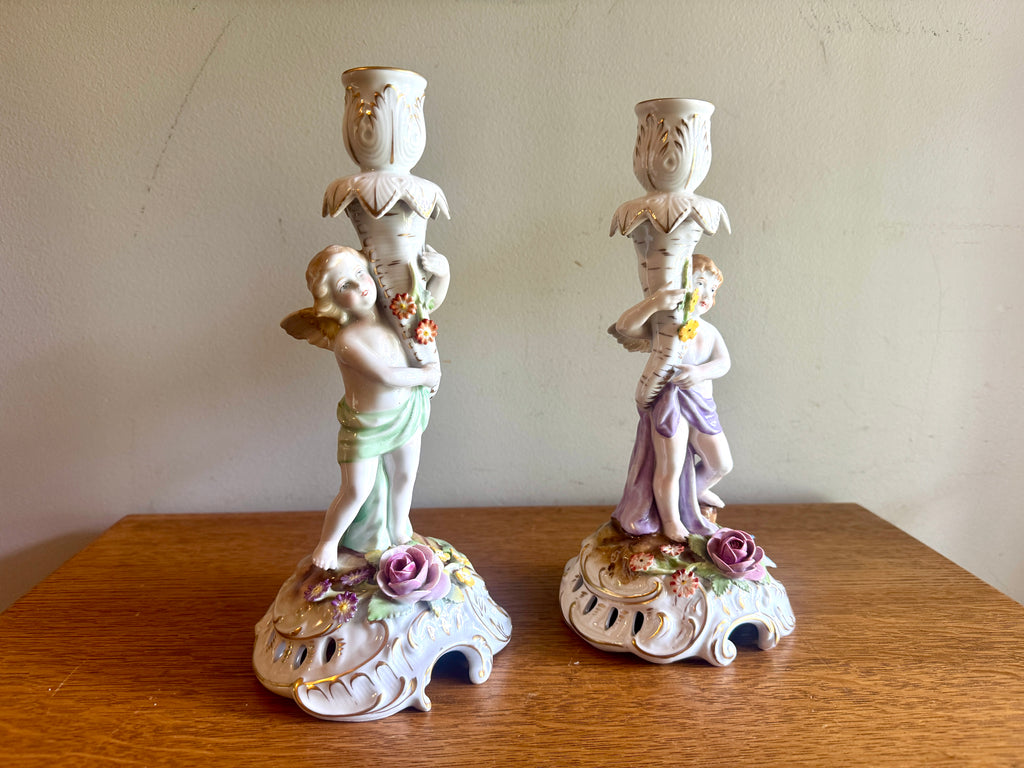 Vintage Porcelain Candle Holders by Van Schierholz ~ Made In Germany Cherub Candle Holders