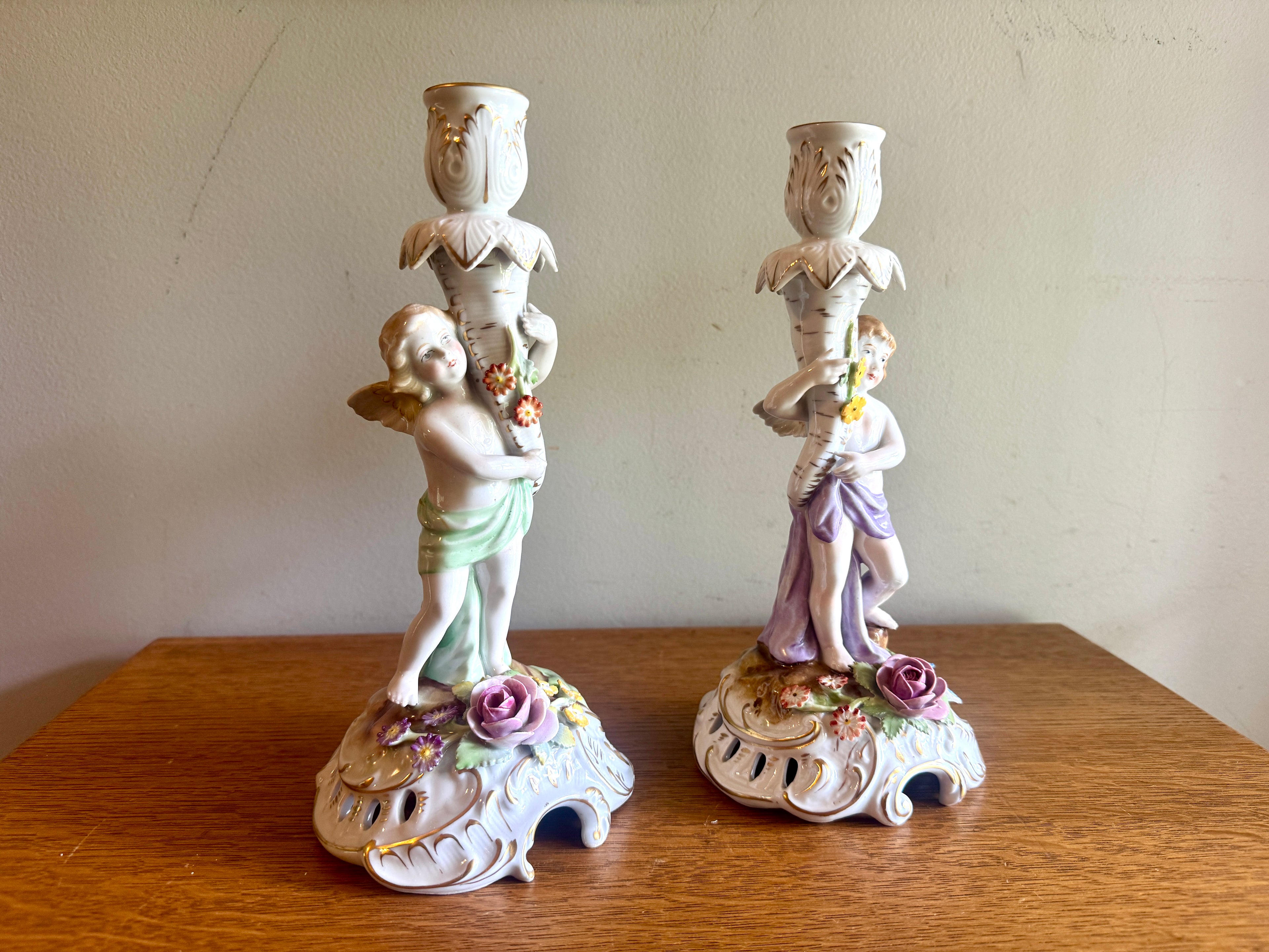 Vintage Porcelain Candle Holders by Van Schierholz ~ Made In Germany Cherub Candle Holders