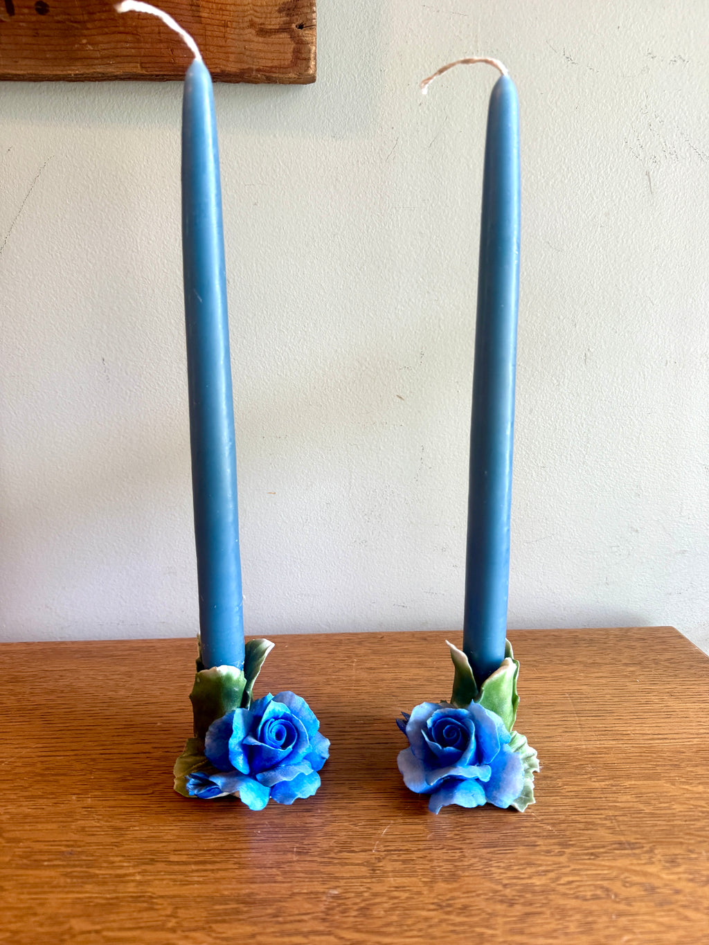 Vintage Pair of Capodimonte Porcelain Blue Rose Candle Holders ~ Italian Blue Rose Candle Holders