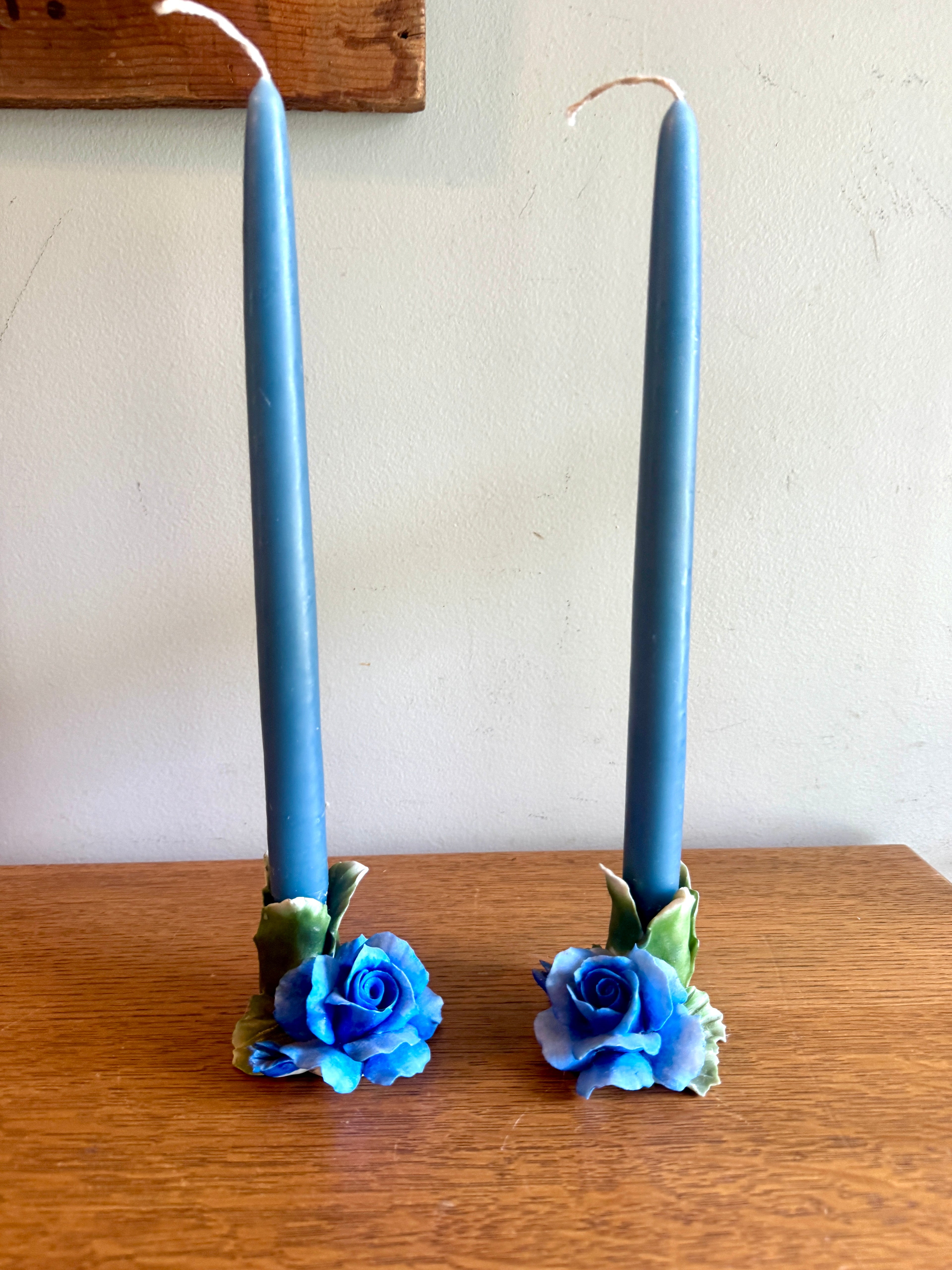 Vintage Pair of Capodimonte Porcelain Blue Rose Candle Holders ~ Italian Blue Rose Candle Holders