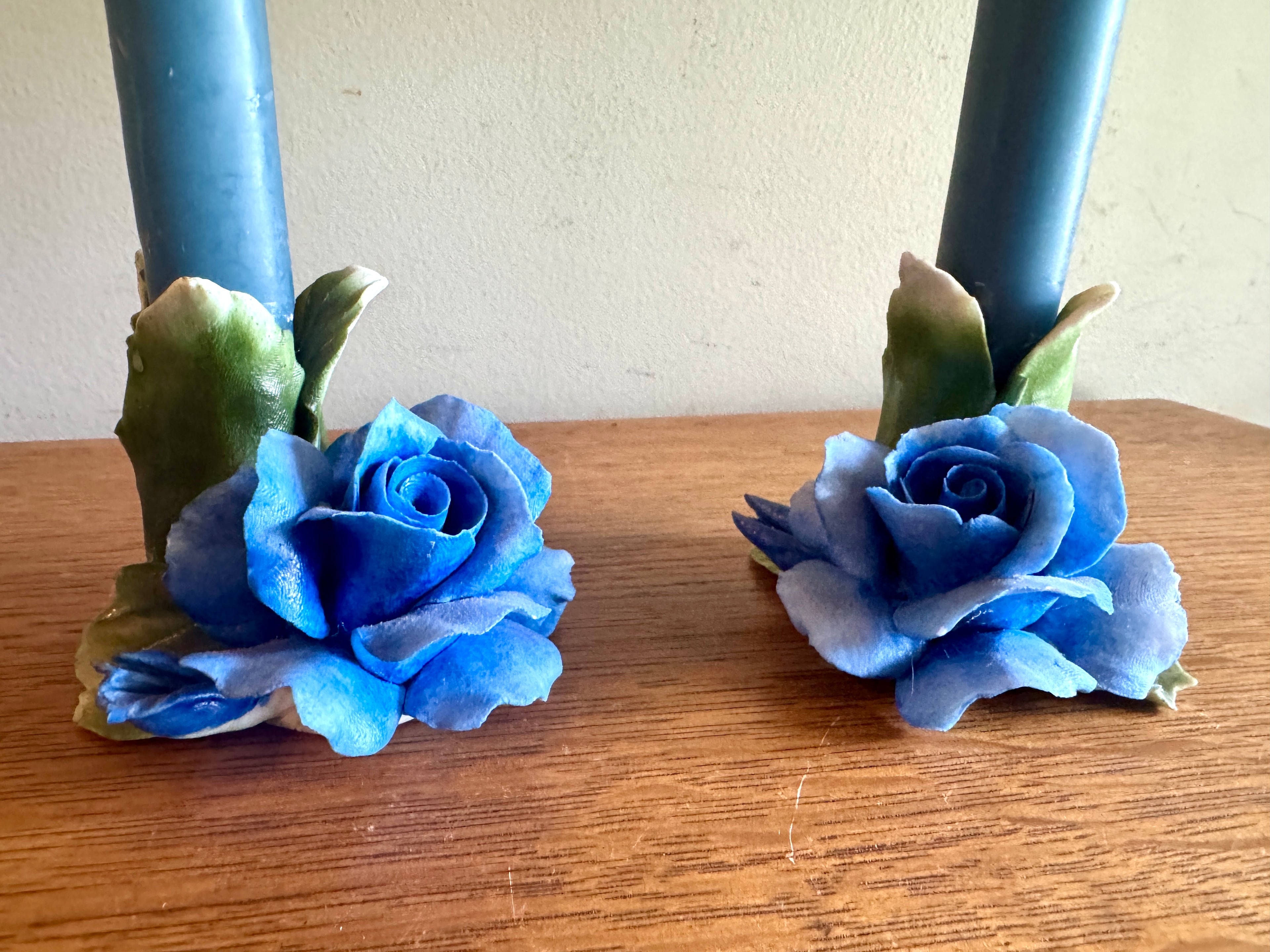 Vintage Pair of Capodimonte Porcelain Blue Rose Candle Holders ~ Italian Blue Rose Candle Holders