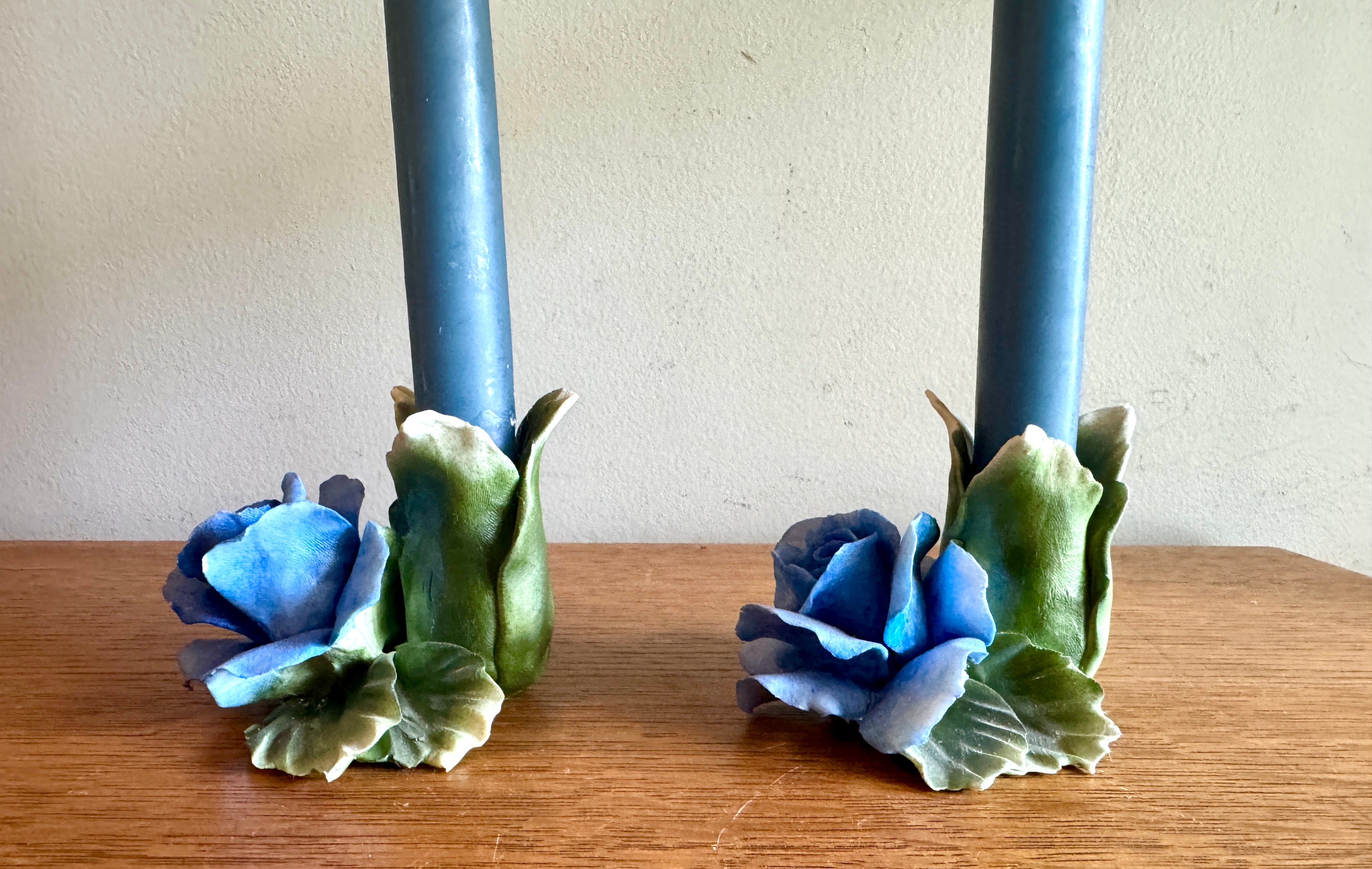 Vintage Pair of Capodimonte Porcelain Blue Rose Candle Holders ~ Italian Blue Rose Candle Holders