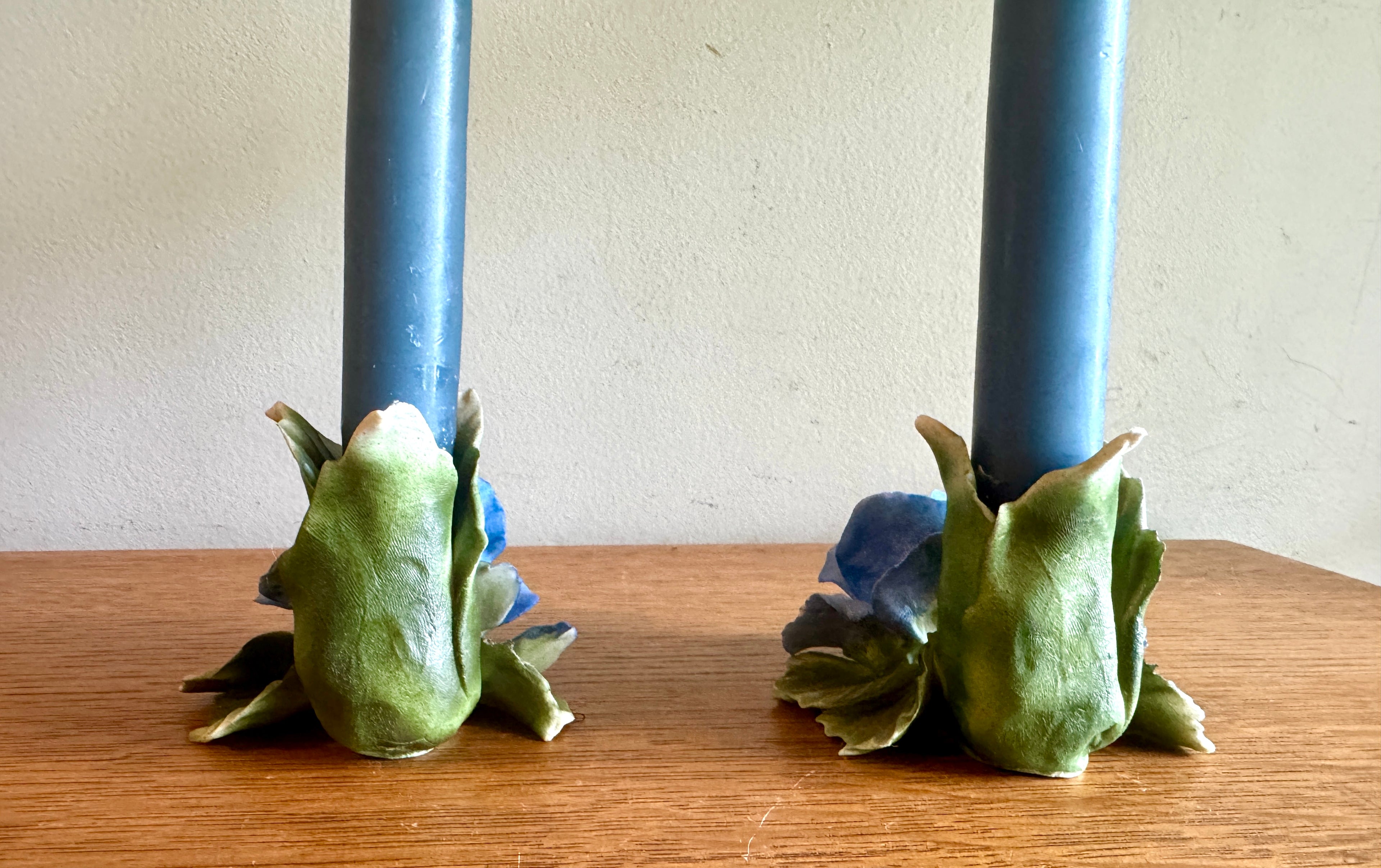 Vintage Pair of Capodimonte Porcelain Blue Rose Candle Holders ~ Italian Blue Rose Candle Holders