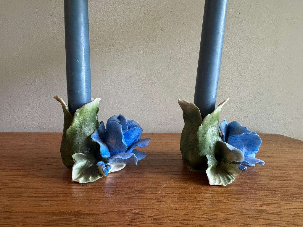 Vintage Pair of Capodimonte Porcelain Blue Rose Candle Holders ~ Italian Blue Rose Candle Holders