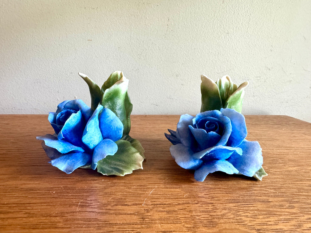 Vintage Pair of Capodimonte Porcelain Blue Rose Candle Holders ~ Italian Blue Rose Candle Holders