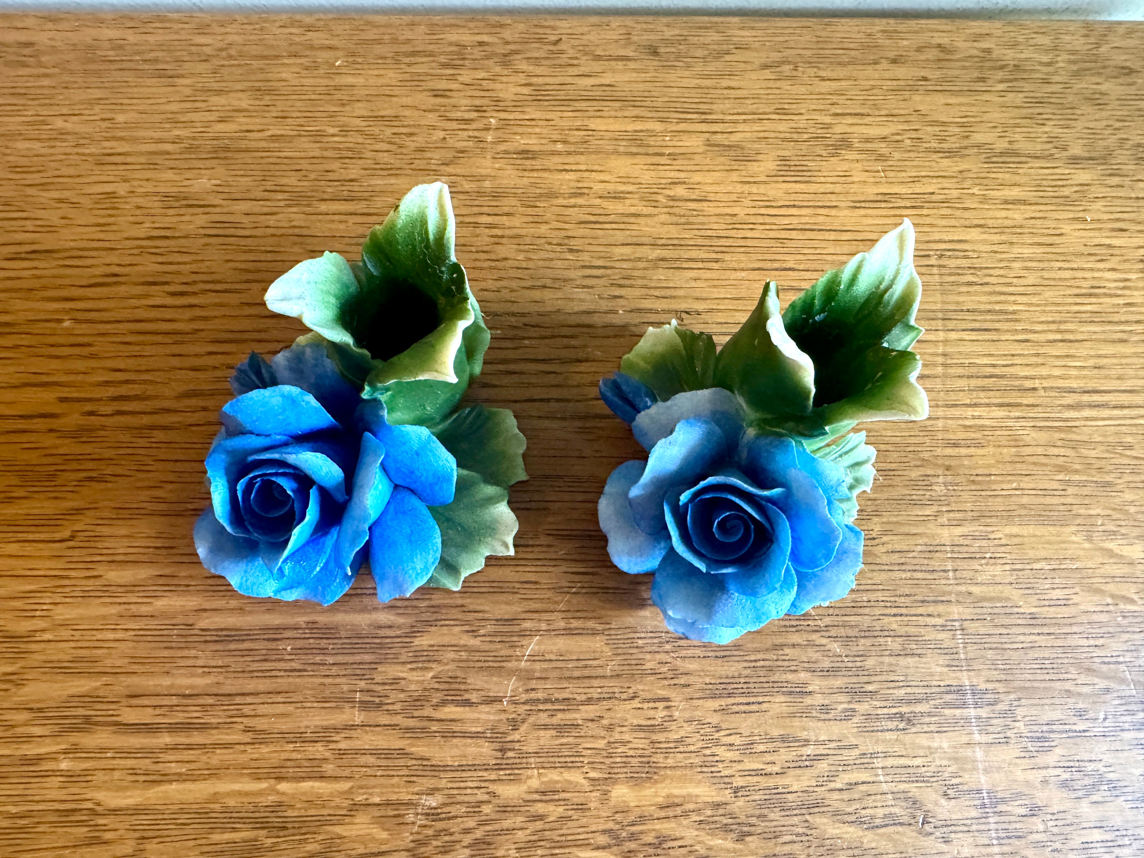 Vintage Pair of Capodimonte Porcelain Blue Rose Candle Holders ~ Italian Blue Rose Candle Holders