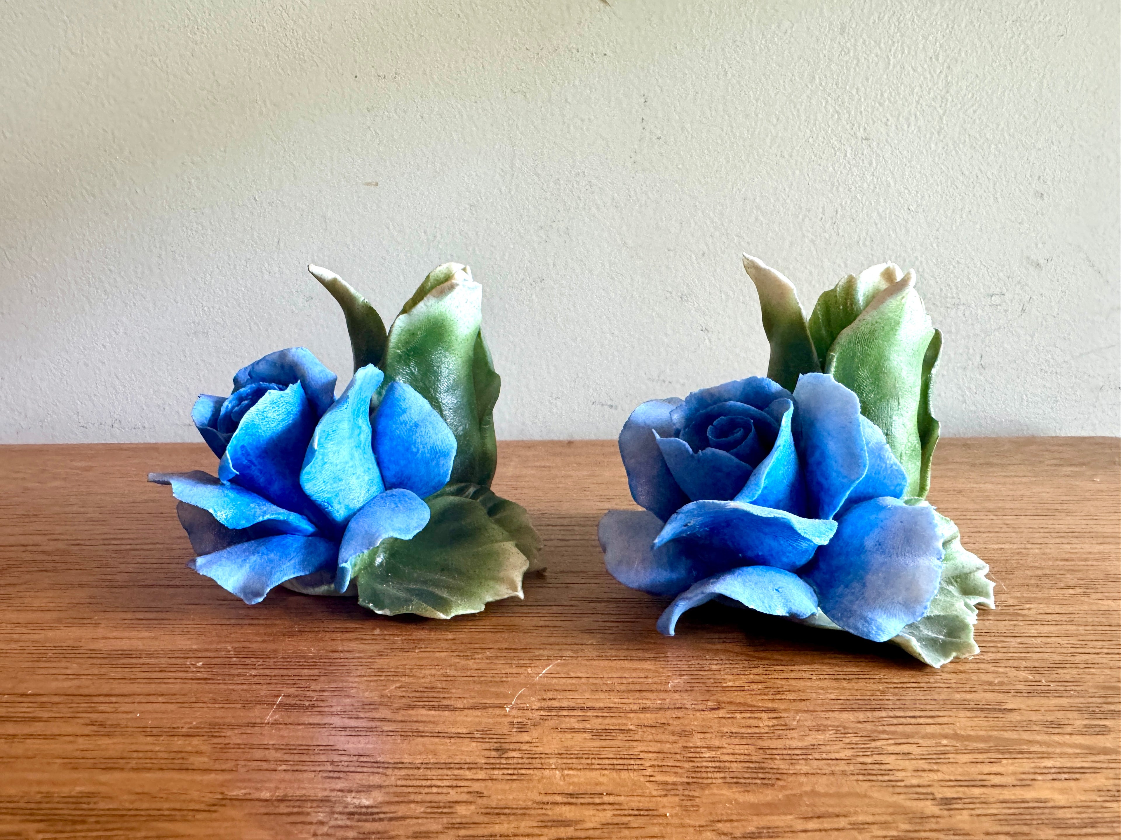 Vintage Pair of Capodimonte Porcelain Blue Rose Candle Holders ~ Italian Blue Rose Candle Holders