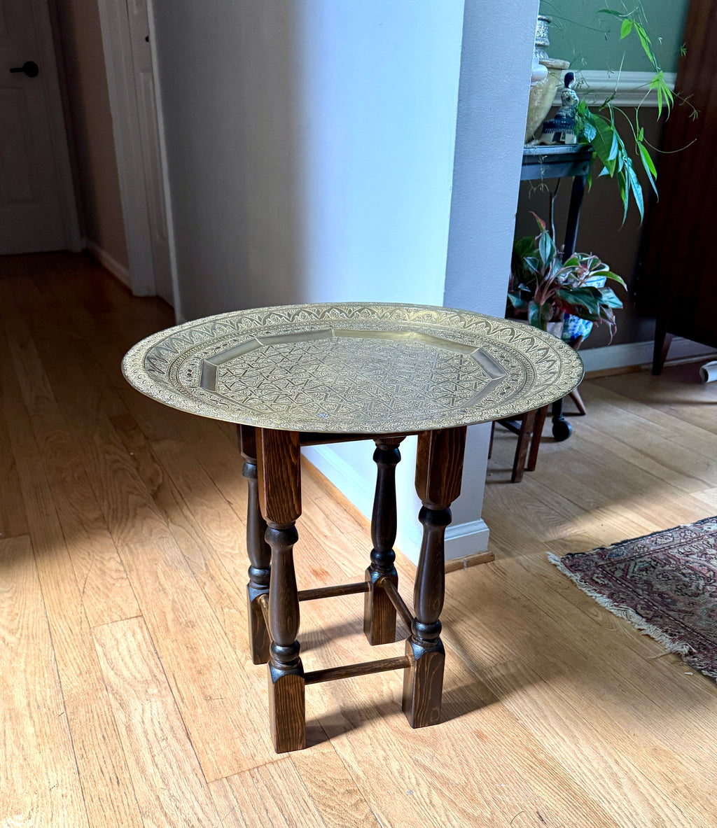 Handmade Moroccan Etched Brass Tray Table with Turned Wood Base ~ 20" Brass Tray Table