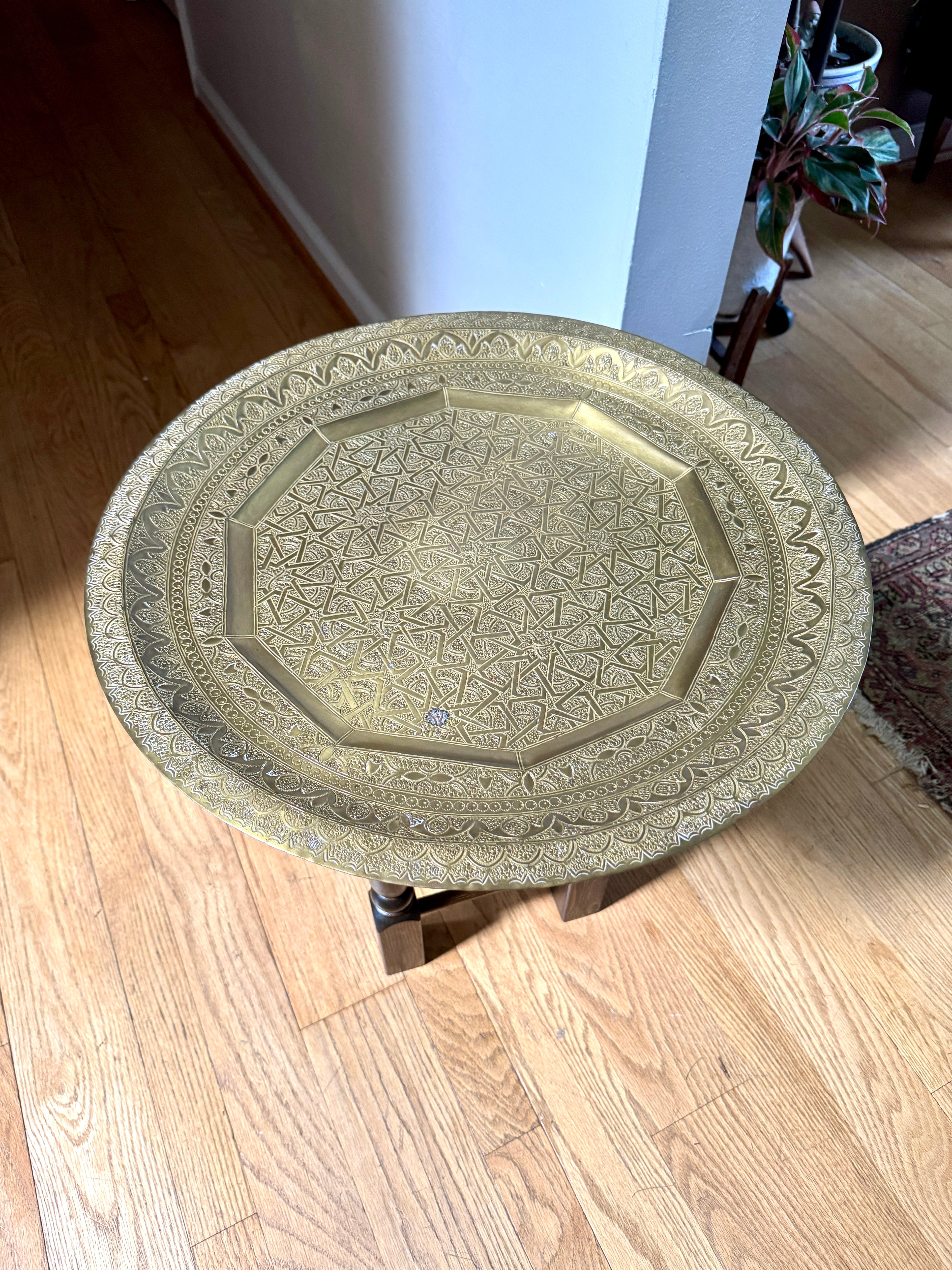 Handmade Moroccan Etched Brass Tray Table with Turned Wood Base ~ 20" Brass Tray Table