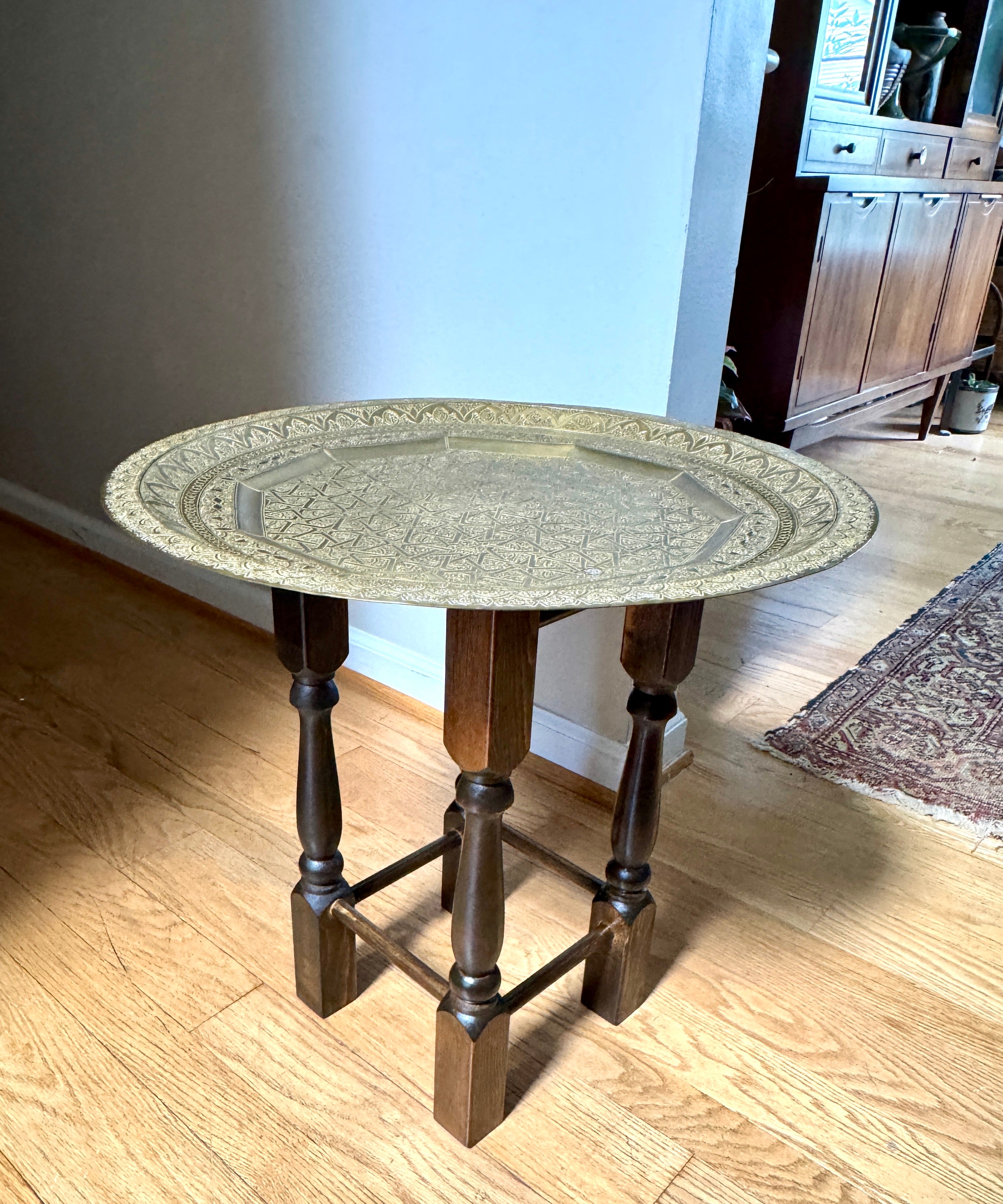 Handmade Moroccan Etched Brass Tray Table with Turned Wood Base ~ 20" Brass Tray Table