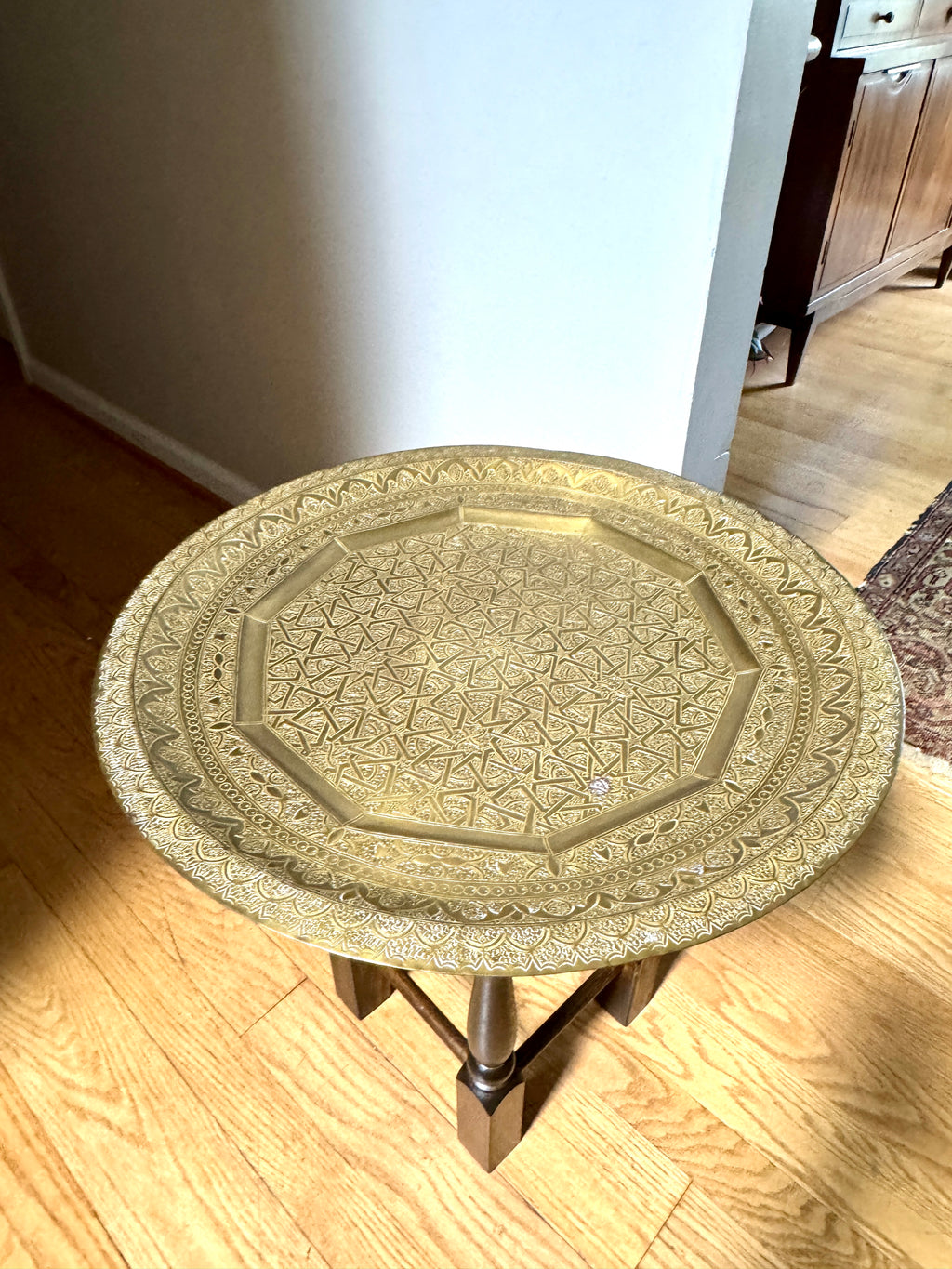 Handmade Moroccan Etched Brass Tray Table with Turned Wood Base ~ 20" Brass Tray Table