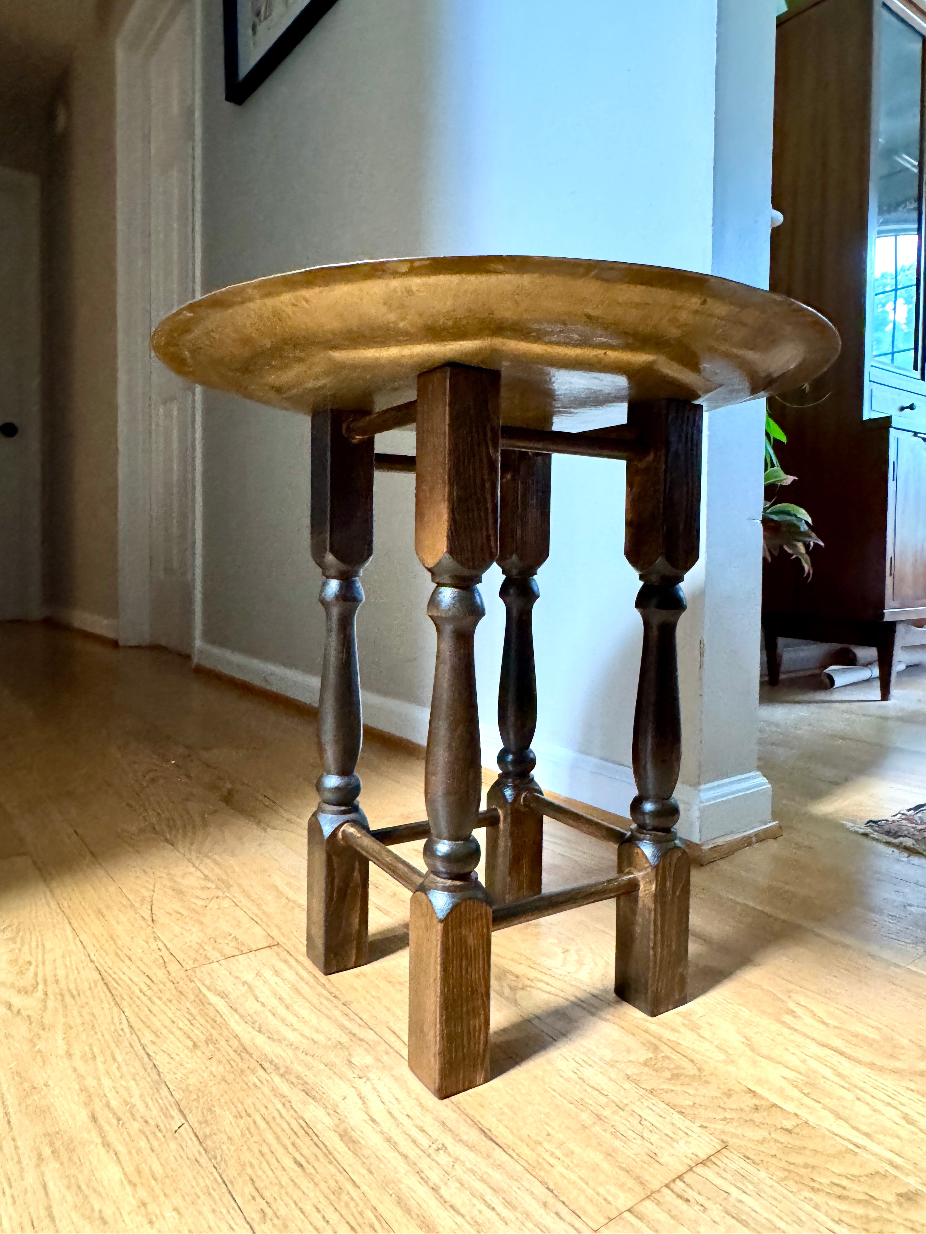 Handmade Moroccan Etched Brass Tray Table with Turned Wood Base ~ 20" Brass Tray Table