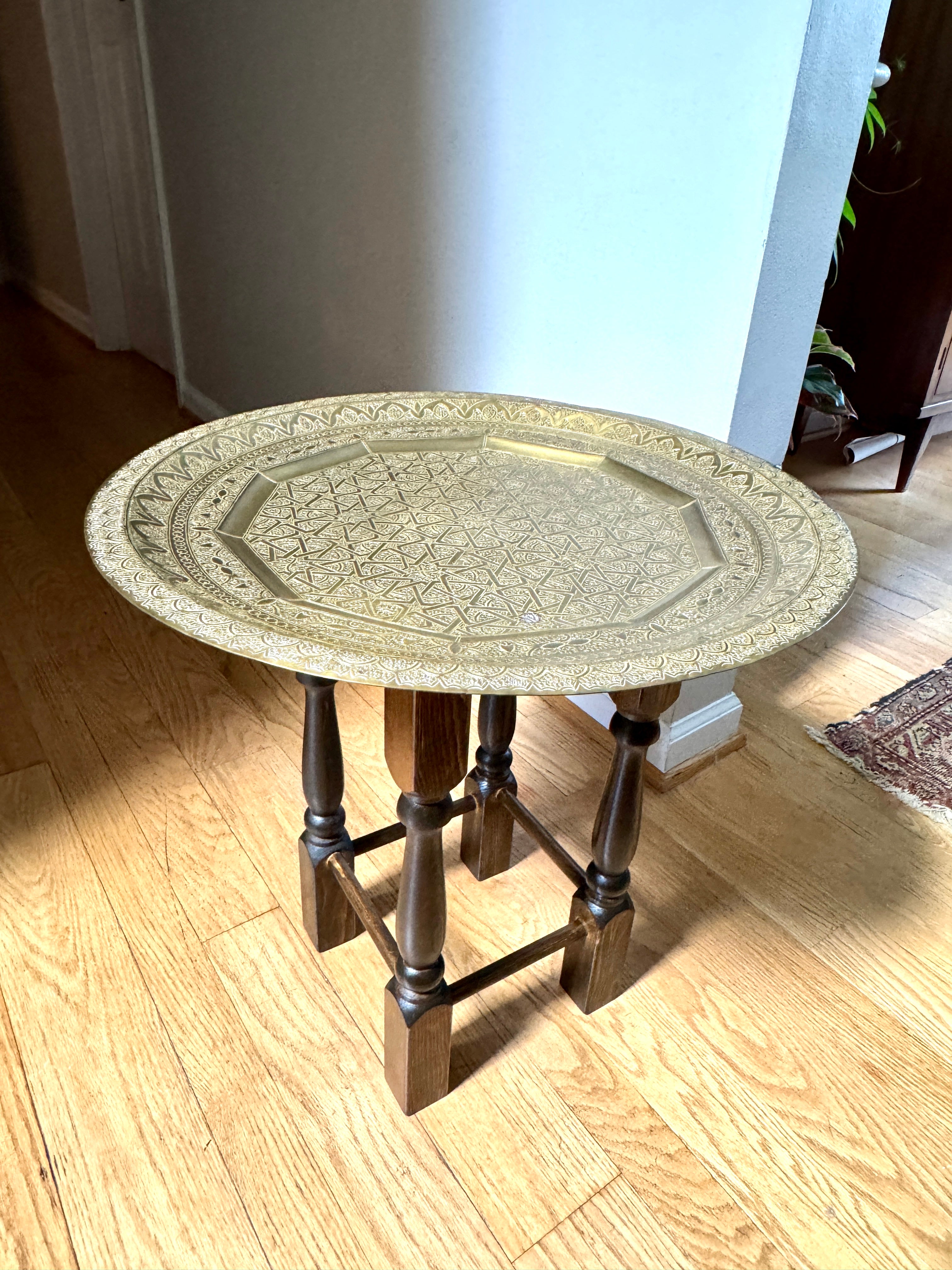 Handmade Moroccan Etched Brass Tray Table with Turned Wood Base ~ 20" Brass Tray Table