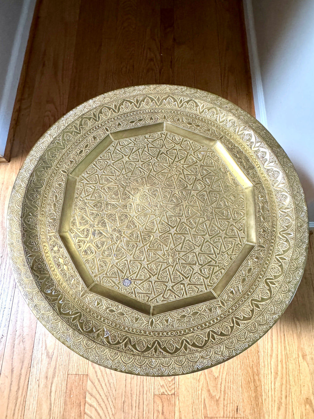 Handmade Moroccan Etched Brass Tray Table with Turned Wood Base ~ 20" Brass Tray Table