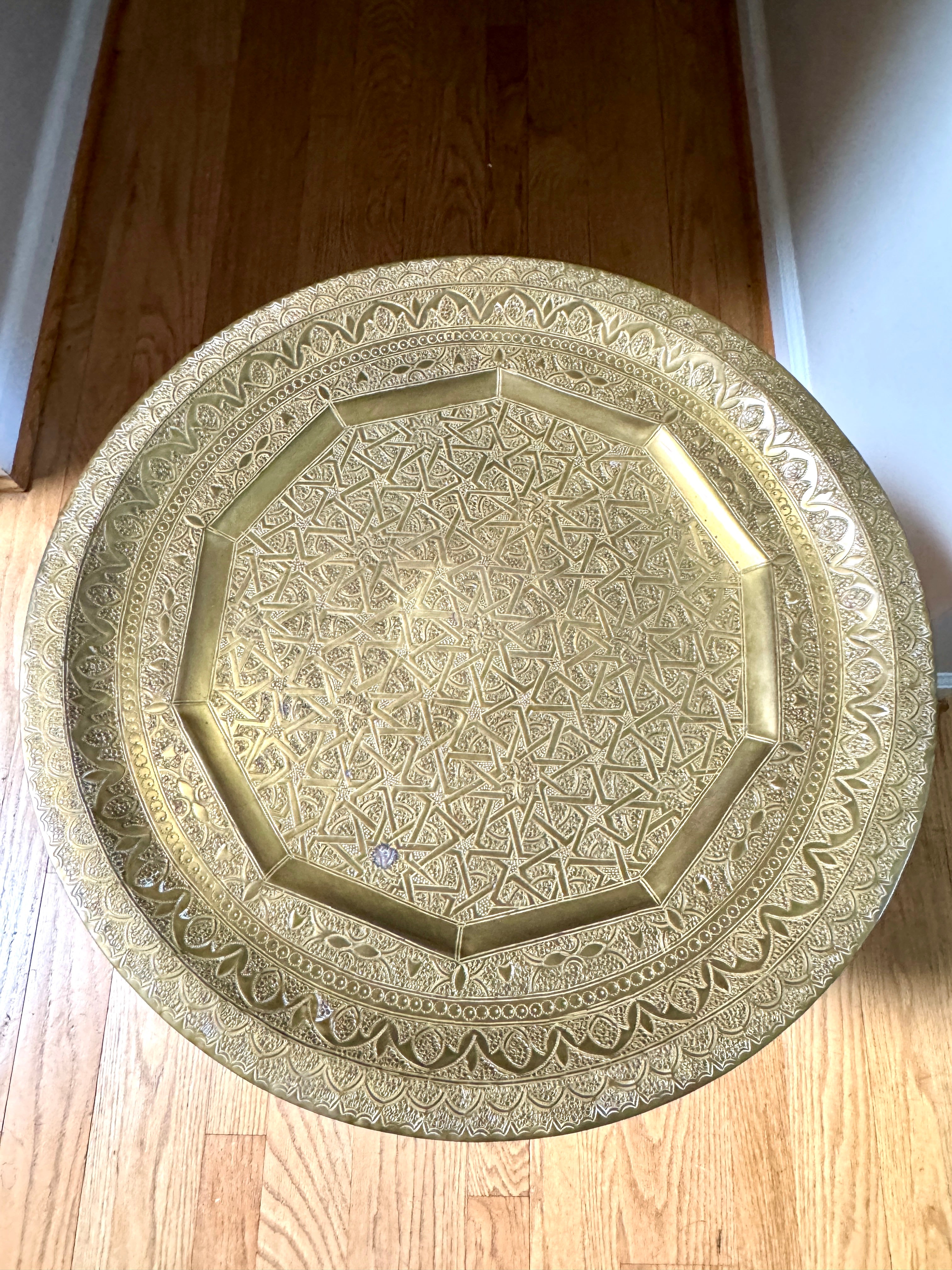 Handmade Moroccan Etched Brass Tray Table with Turned Wood Base ~ 20" Brass Tray Table