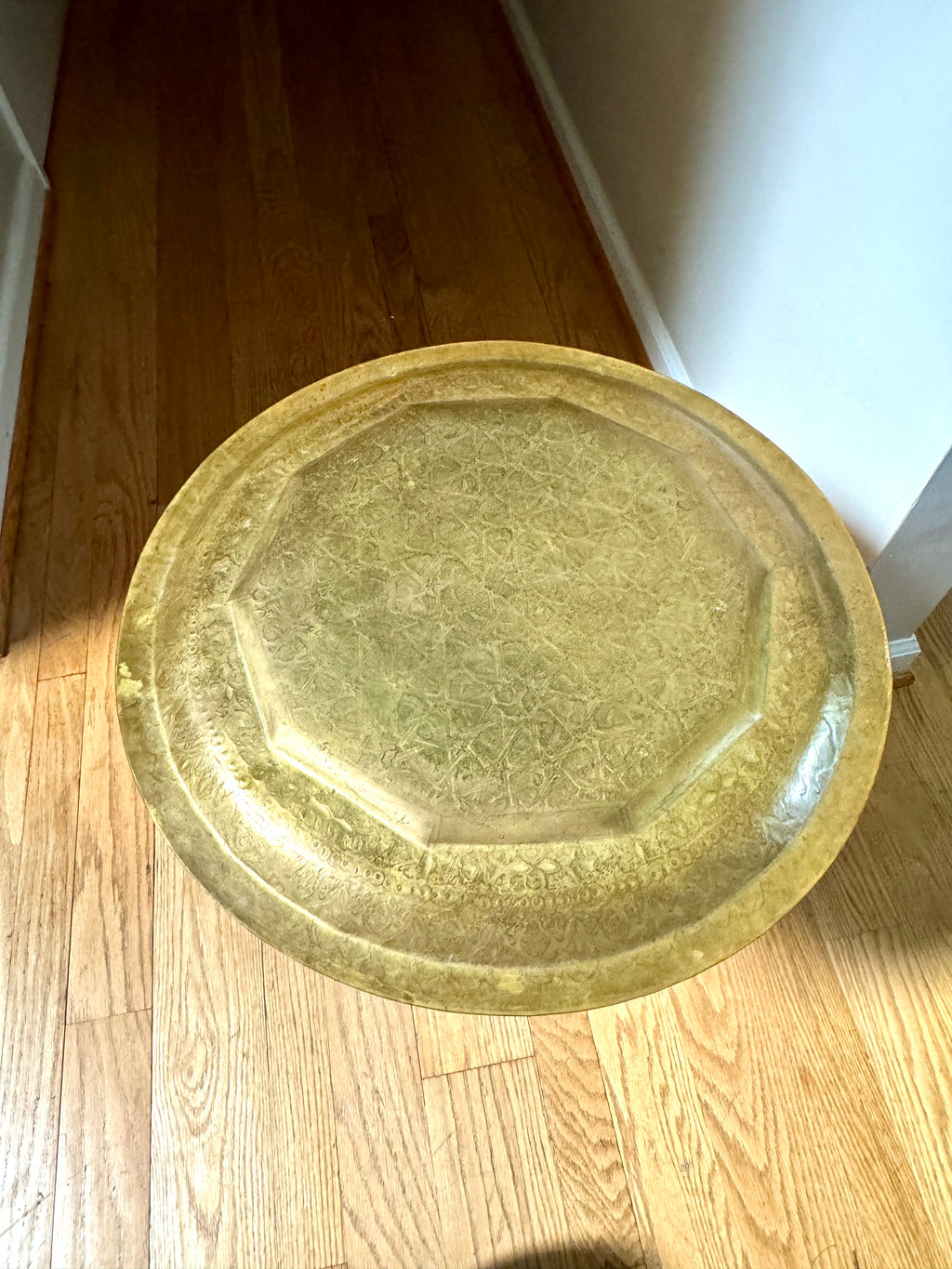Handmade Moroccan Etched Brass Tray Table with Turned Wood Base ~ 20" Brass Tray Table