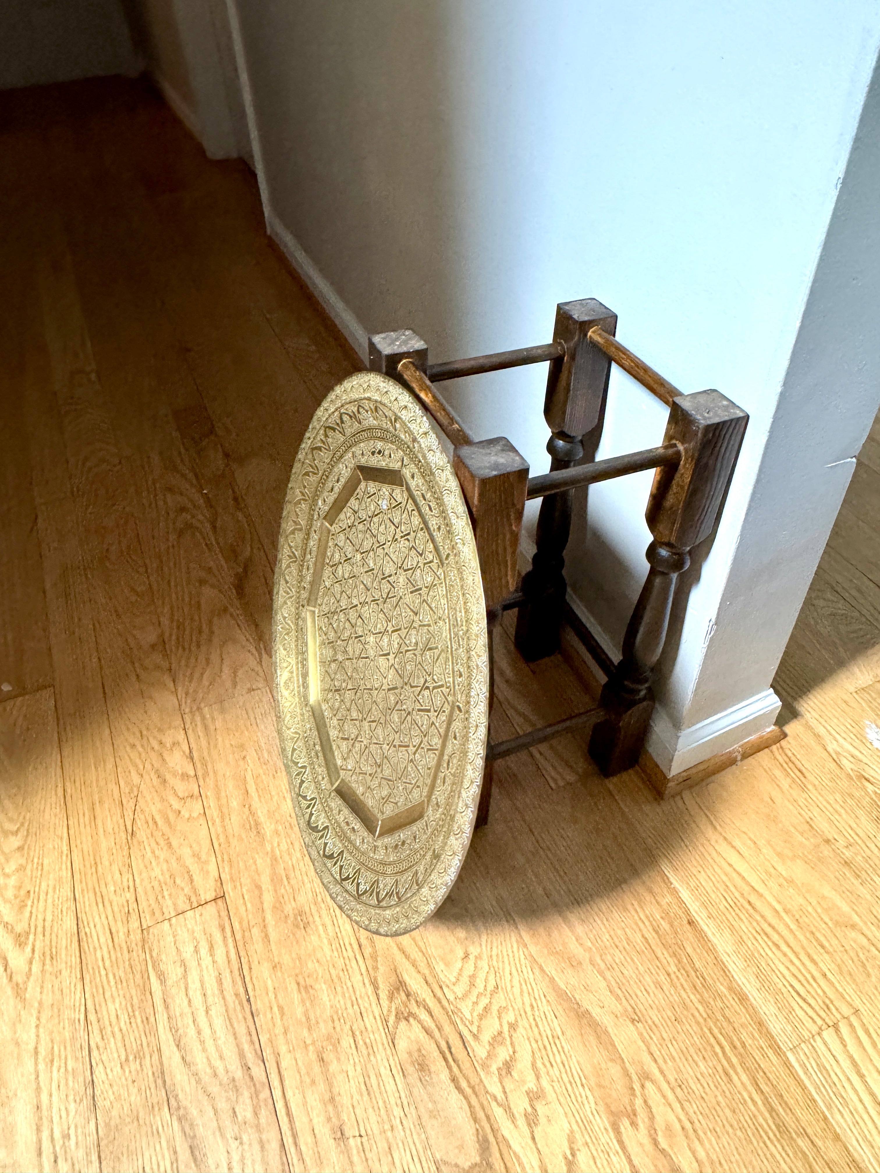 Handmade Moroccan Etched Brass Tray Table with Turned Wood Base ~ 20" Brass Tray Table