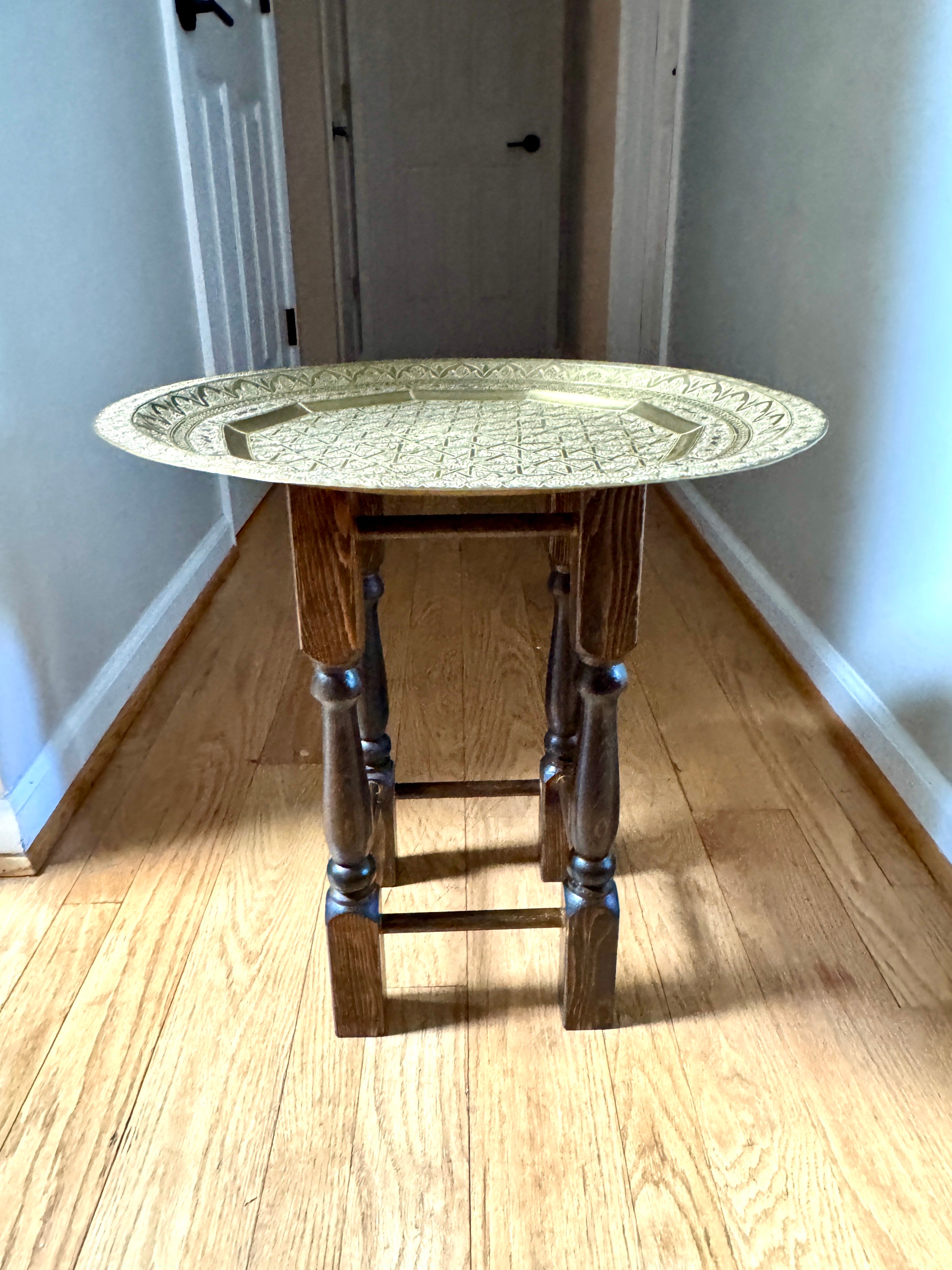 Handmade Moroccan Etched Brass Tray Table with Turned Wood Base ~ 20" Brass Tray Table